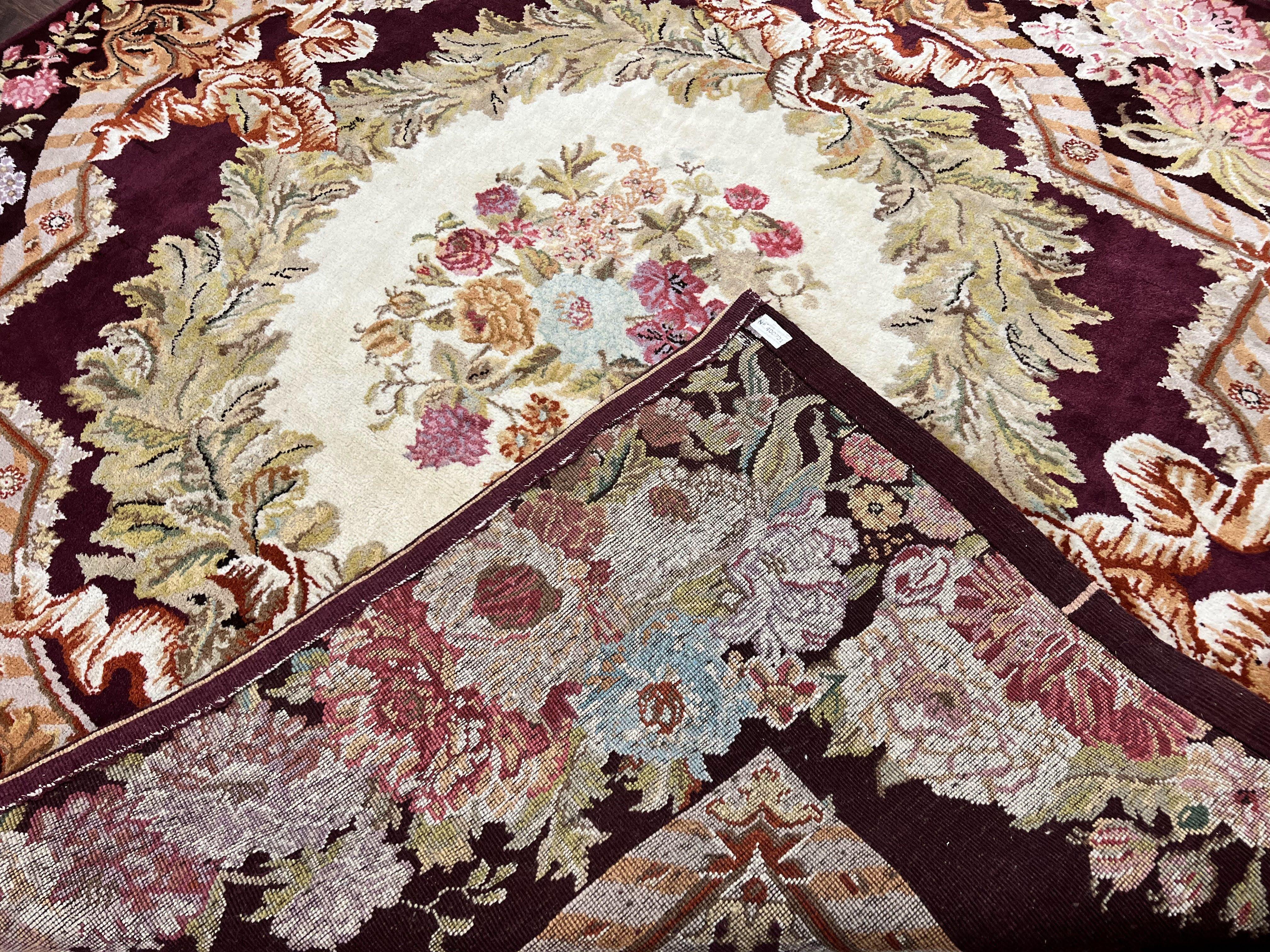 Square Aubusson Rug 8x8, French European Design, Handmade Aubusson Carpet with Pile, Vintage Area Rug, Maroon, Savonnerie Rug, 8 ft Square - Jewel Rugs