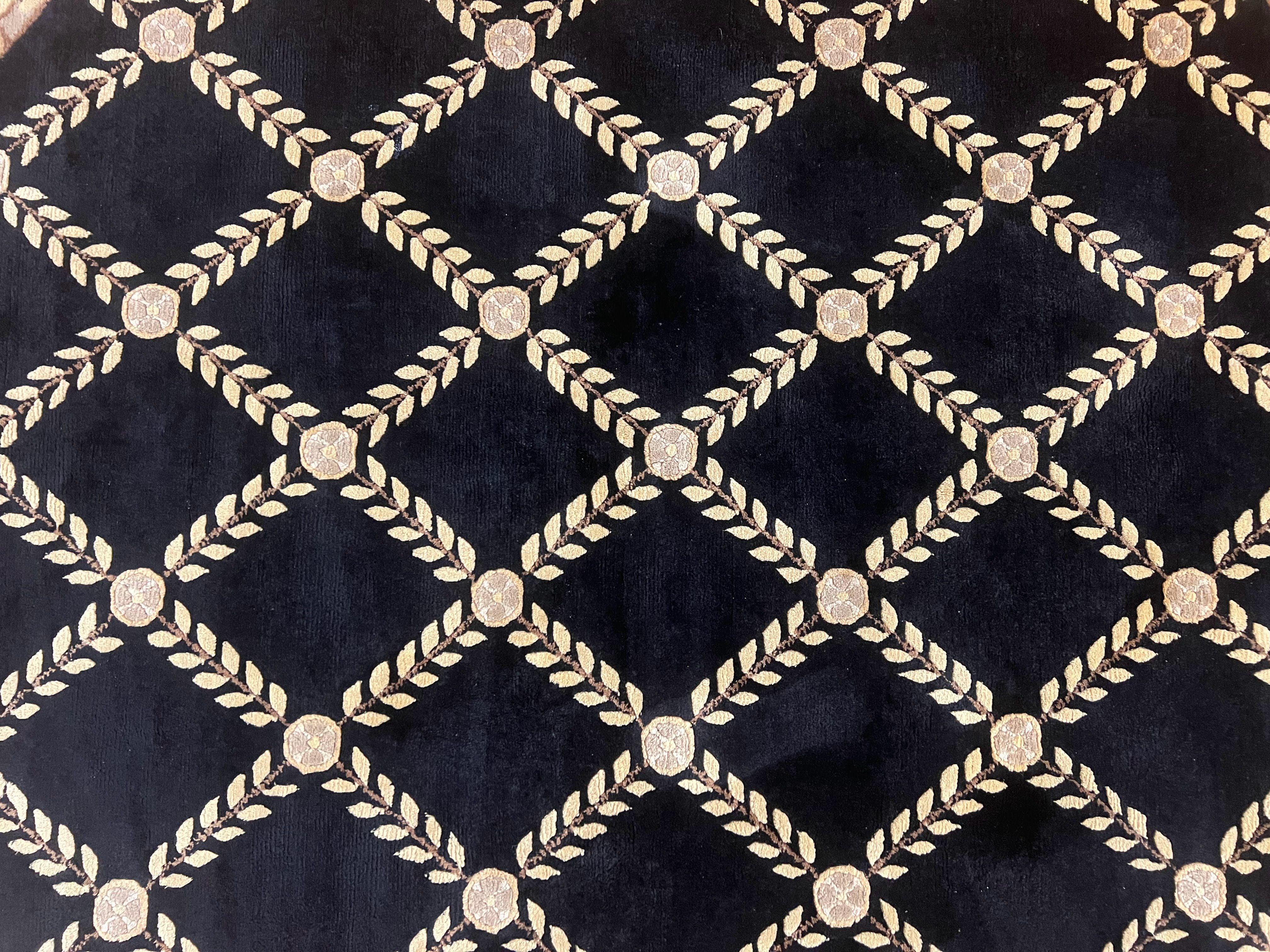 Oval Tibetan Rug 8x10, French Aubusson Design, Wool Handmade Vintage Carpet, Black & Beige, Soft Wool Pile - Jewel Rugs