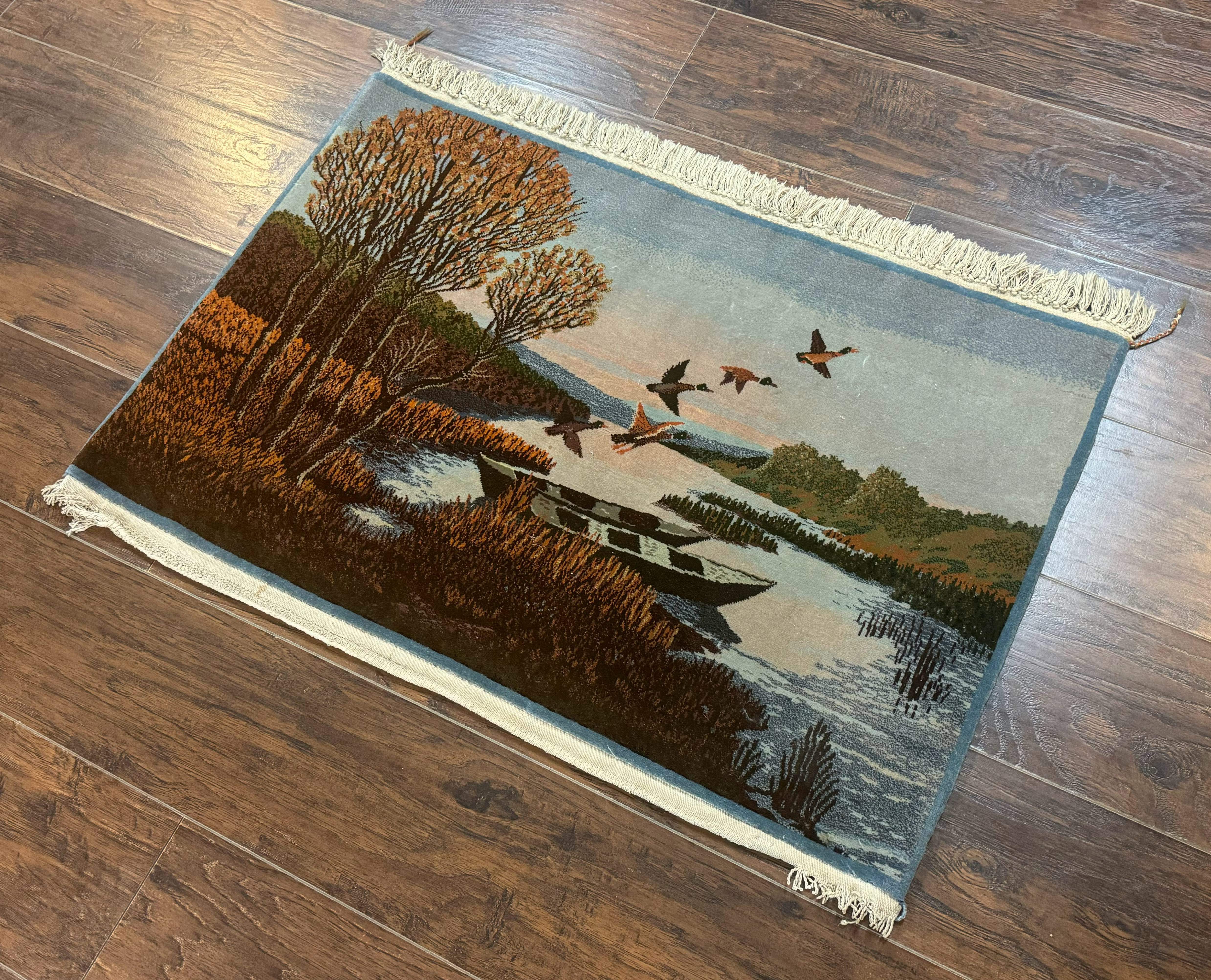 Persian Tabriz Pictorial Rug 3x2, Wall Hanging Rug, Nature Scene, Boats, Fine 330 KPSI, Kork Wool - Jewel Rugs