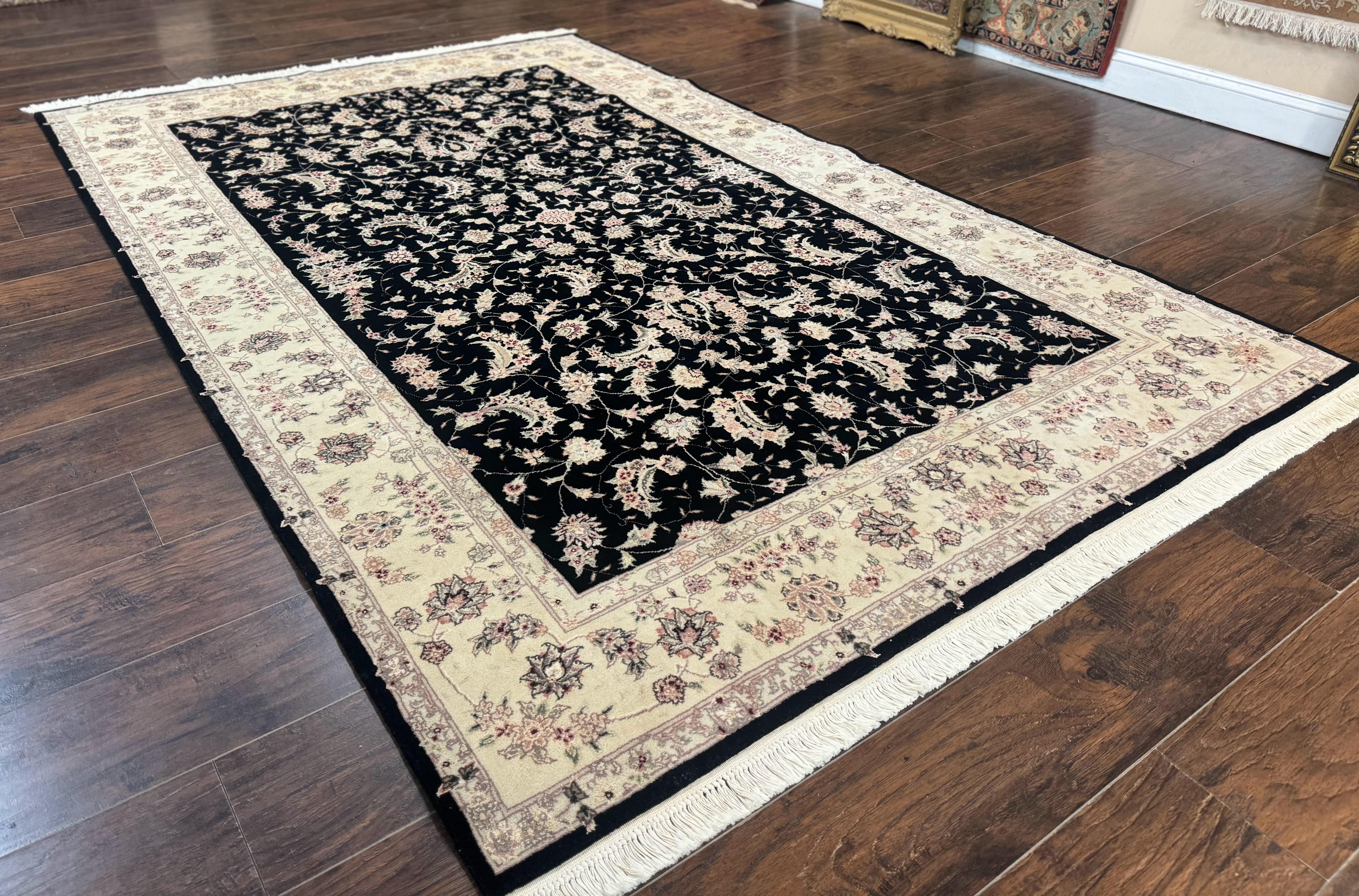 Sino Persian Rug 6x9, Black and Ivory, Wool and Silk Highlights, Handmade - Jewel Rugs