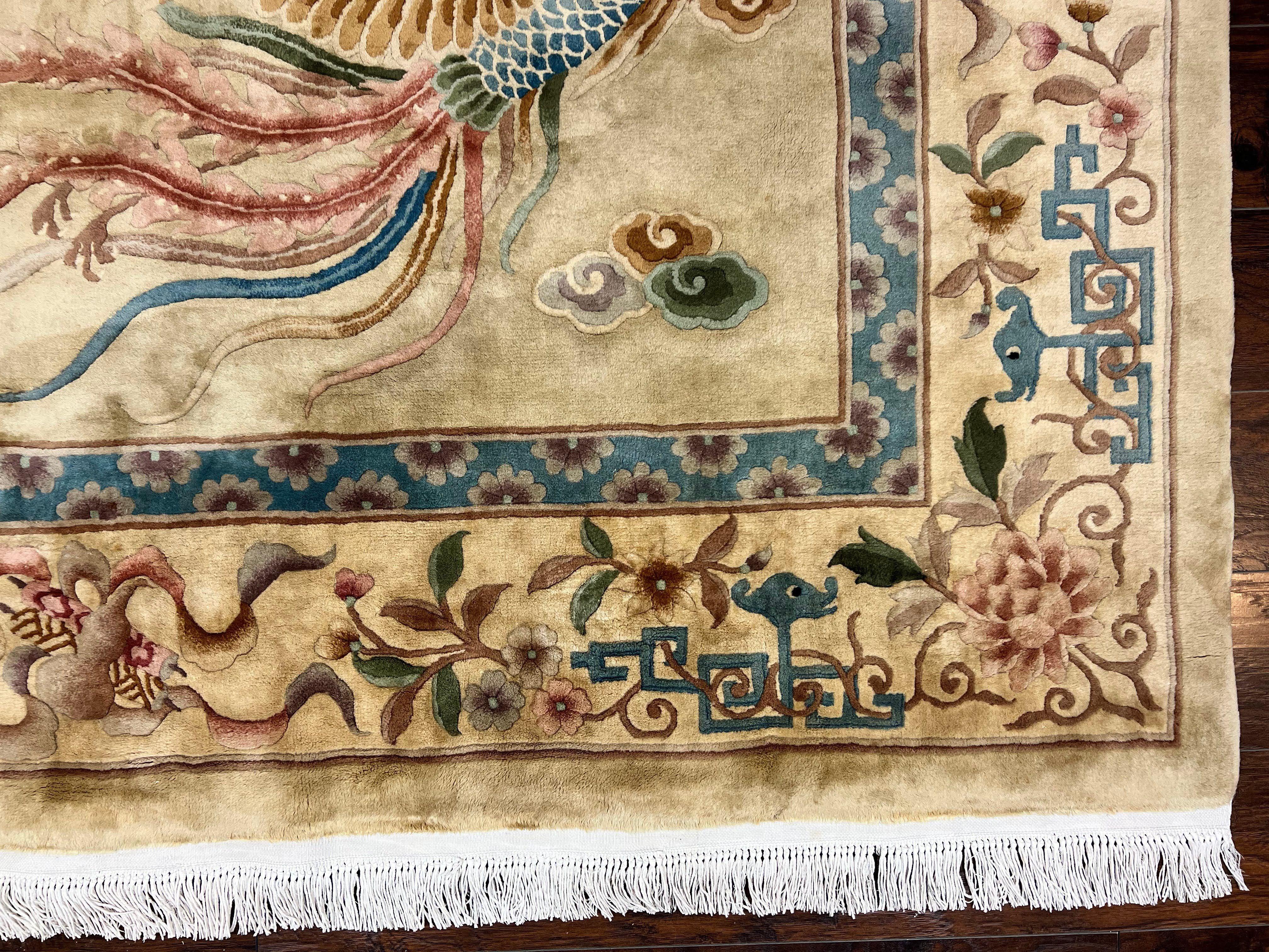 Chinese Wool Rug 8x10 with Phoenix and Dargon, Light Gold and Blue Area Rug, Vintage 1960s Hand Knotted Handmade Asian Art Deco Carpet - Jewel Rugs