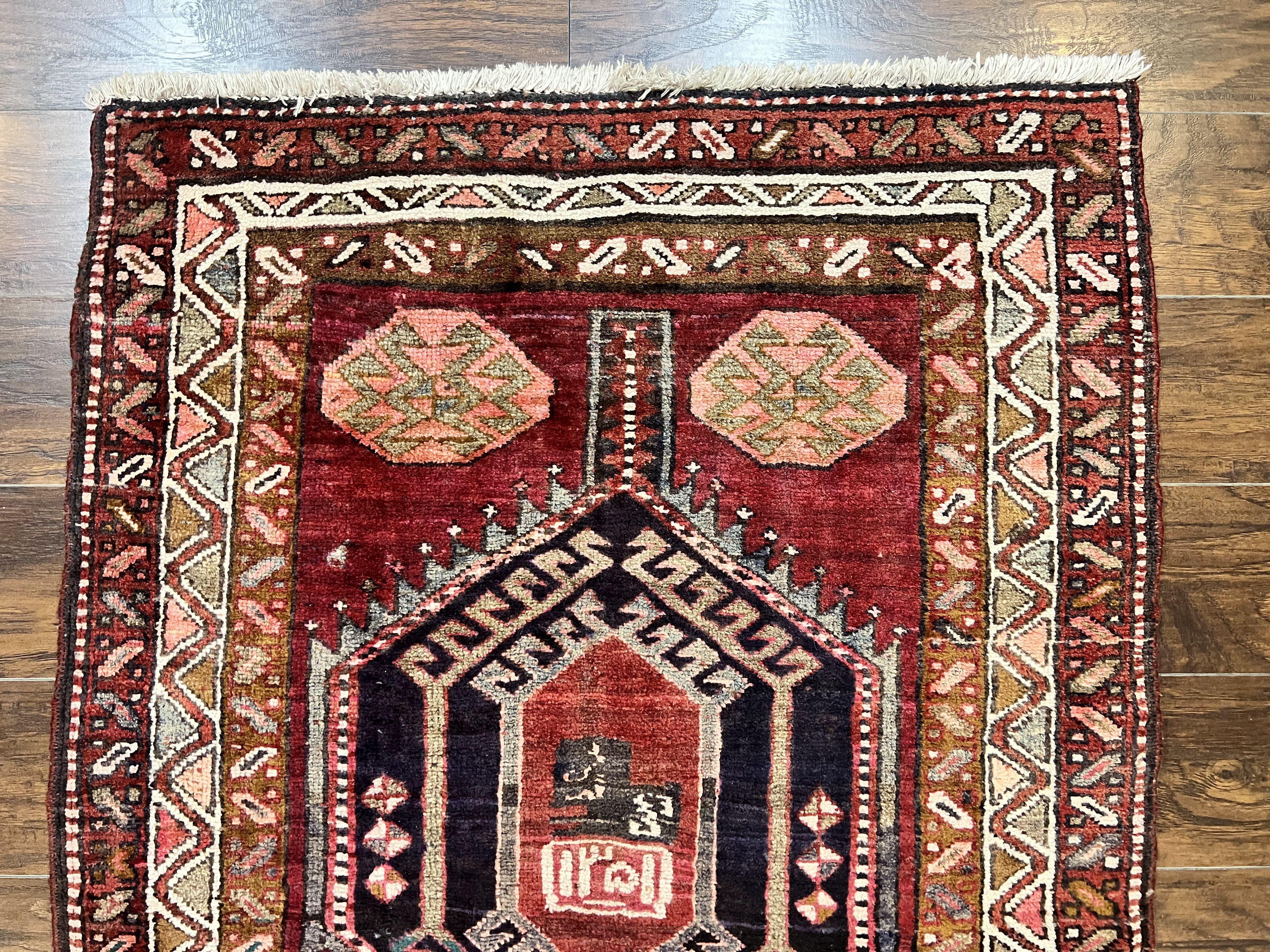Persian Heriz Runner Rug 3.8 x 8.6, Geometric Design, Large Triple Medallions, Hand Knotted Handmade Vintage Wool Hallway Rug, Red - Jewel Rugs