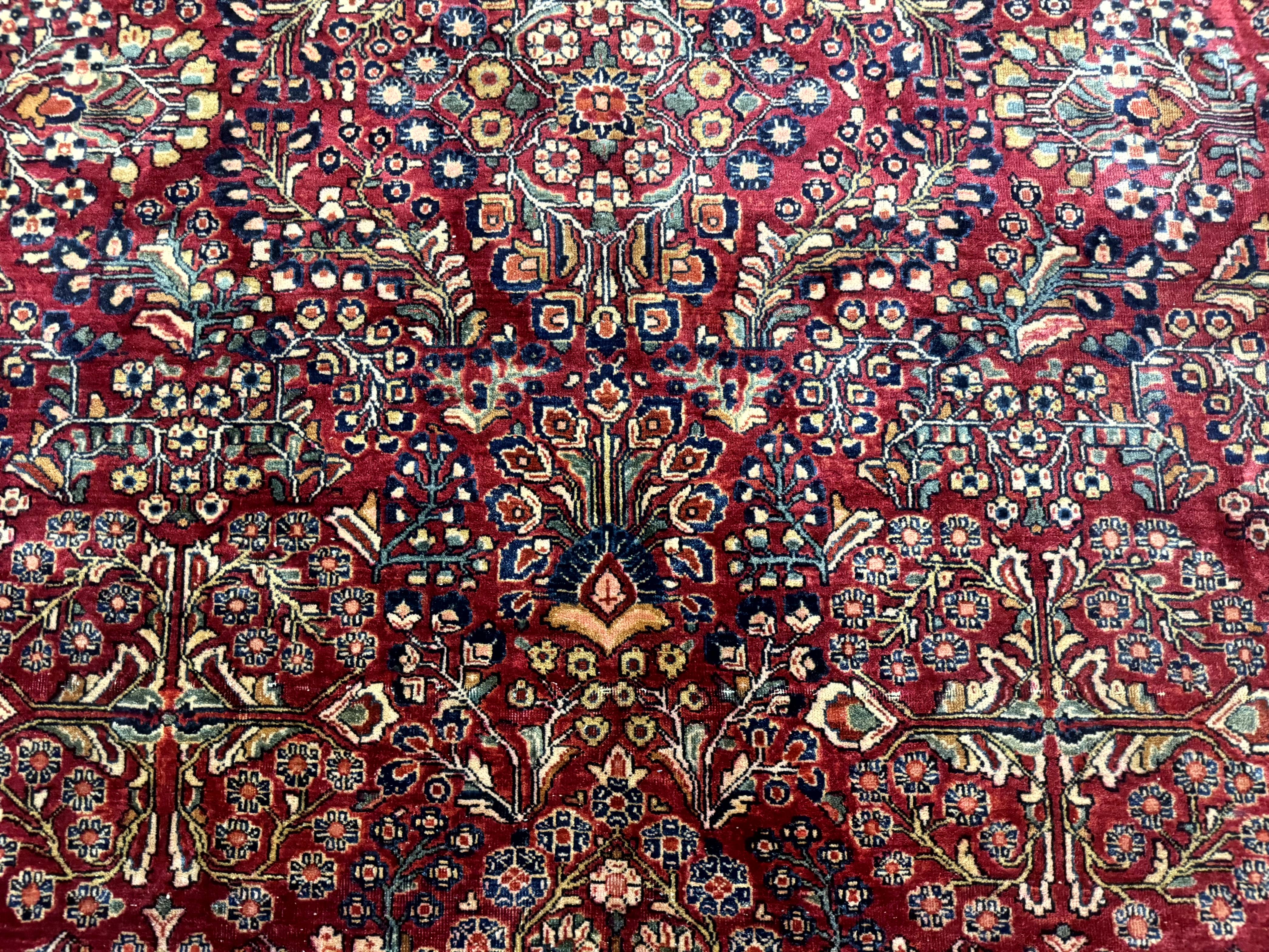 Antique Persian Sarouk Rug 9x12, Red and Blue, Large, Wool, Floral Allover - Jewel Rugs