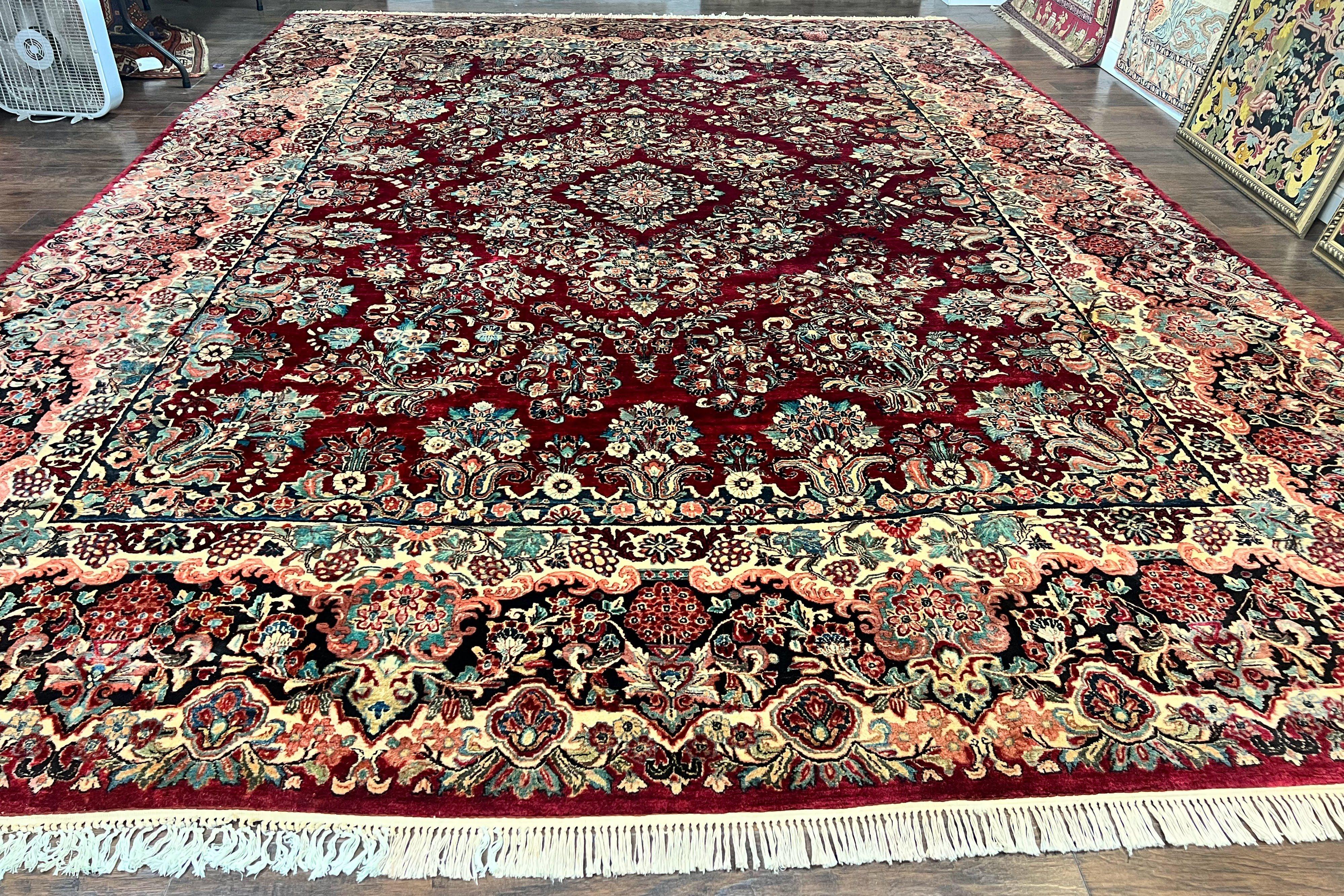 Persian Sarouk Rug 12x17, Wool Hand Knotted Antique Carpet, Dark Red, Traditional Floral Oriental Rug, 12 x 17 Extra Large Handmade Rug - Jewel Rugs