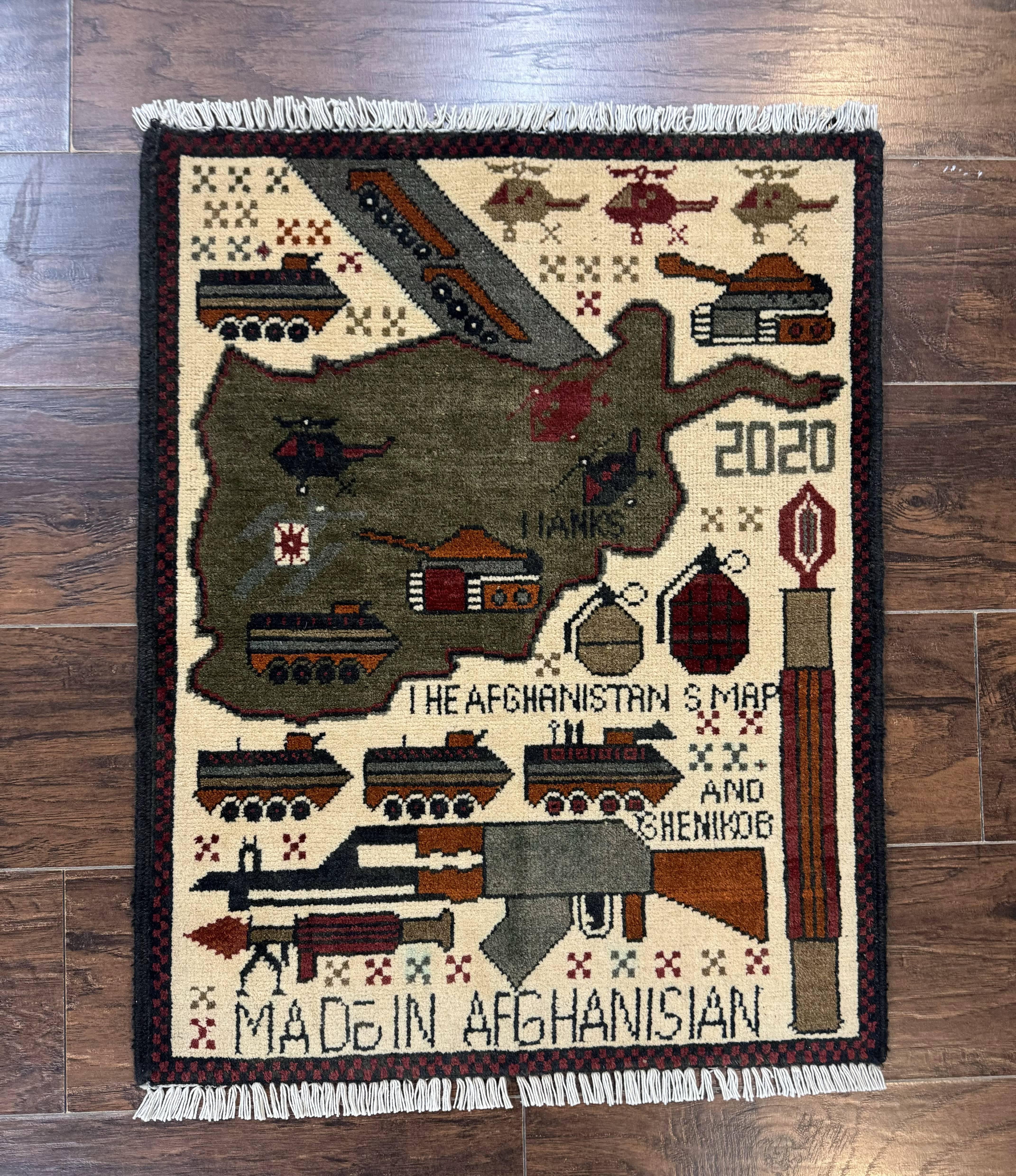 Afghan War Rug, Tanks Helicopters Guns - Jewel Rugs