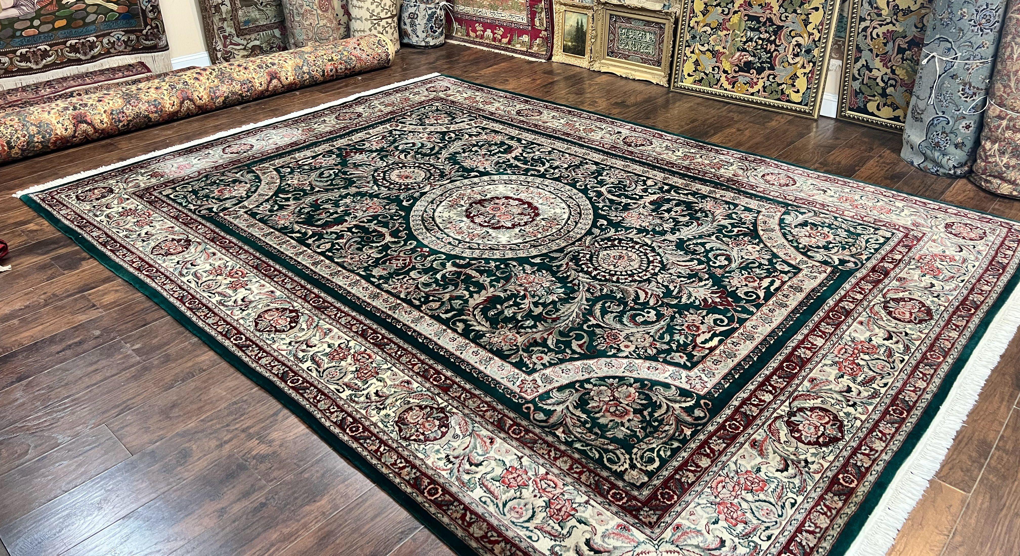 Pak Persian Rug 9x12, Dark Green and Cream, Floral Medallion, Elegant Handmade Wool Carpet 9 x 12 - Jewel Rugs