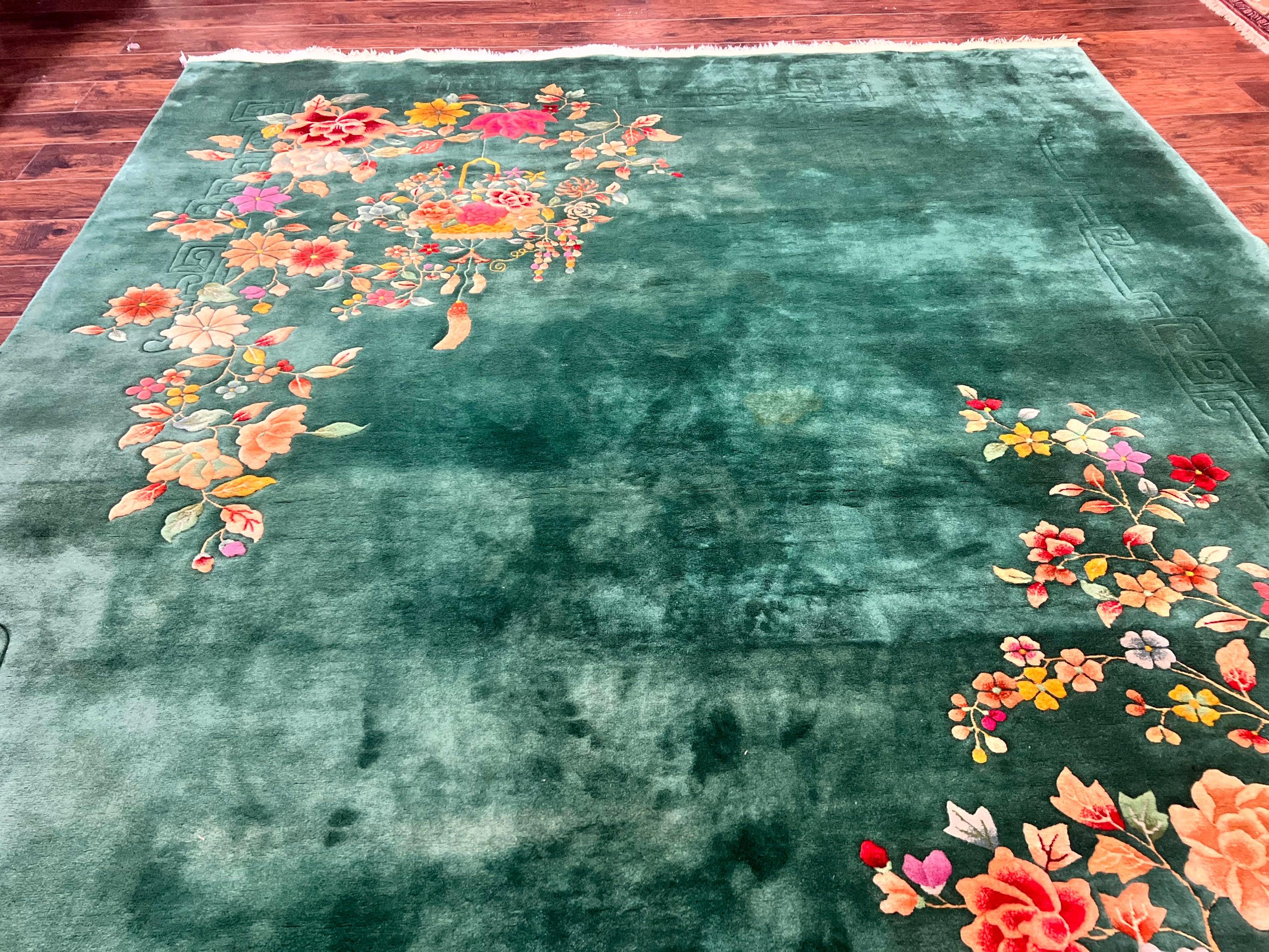 Green Chinese Art Deco Rug 9 x 11.6, Simple Design, Floral, Chinese Wool Carpet, Vintage Semi Antique, Nichols Rug, Handmade - Jewel Rugs