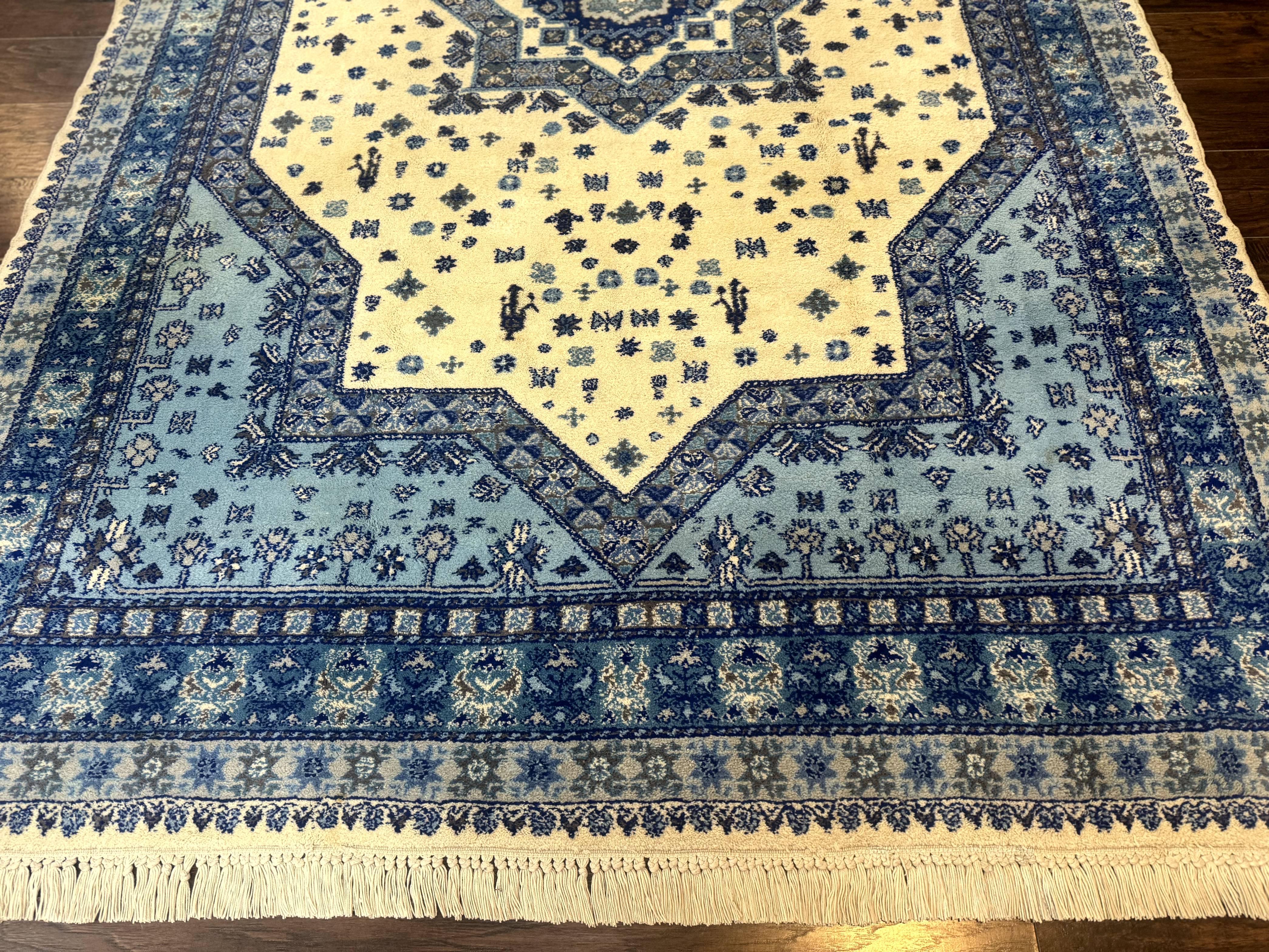 Moroccan Rug 7x10, Geometric Medallion, Blue and Ivory - Jewel Rugs