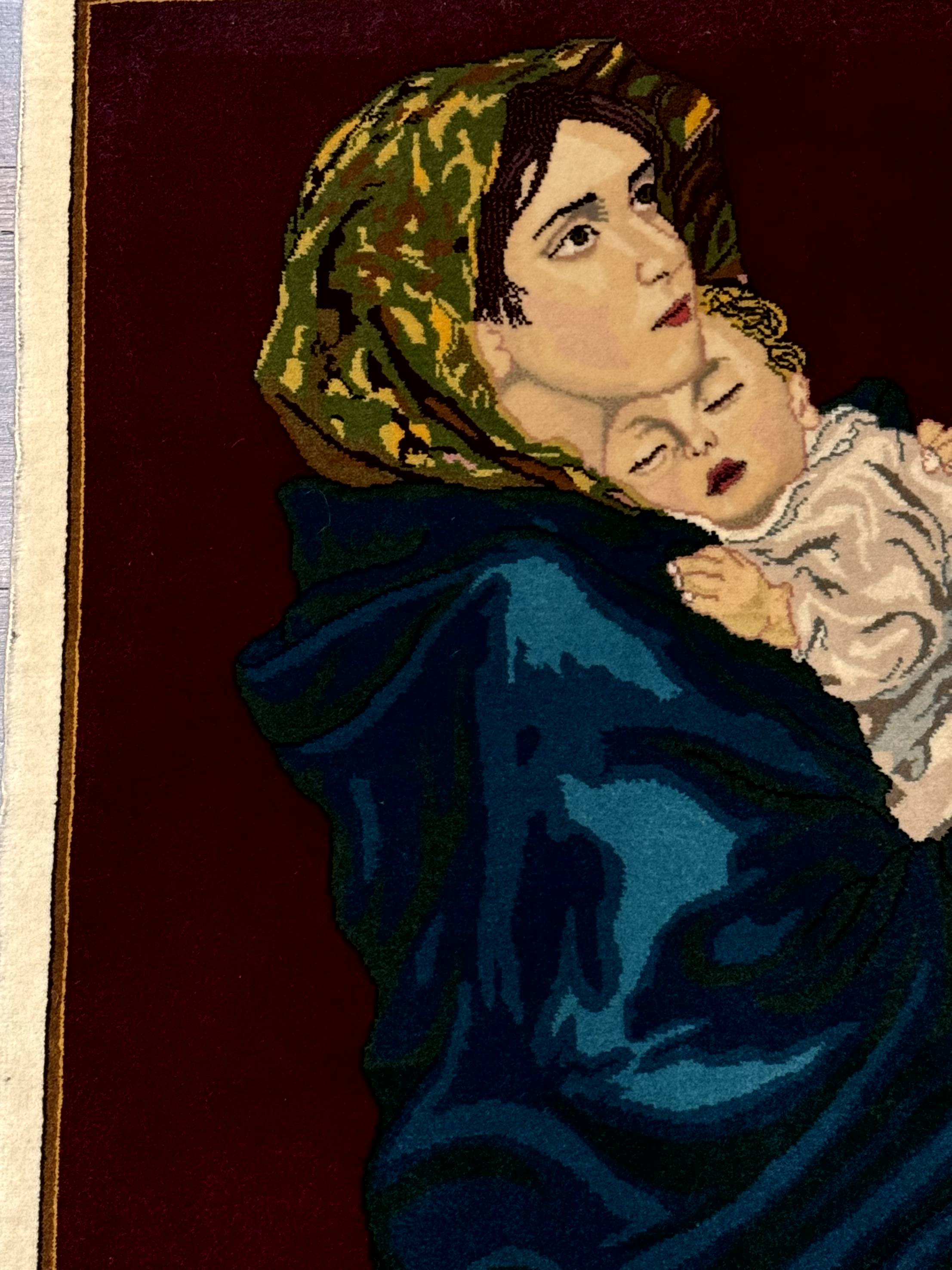 Small Persian Tabriz Pictorial Rug 2x2, Mother Holding Child, Very Fine 340 KPSI, Maroon - Jewel Rugs