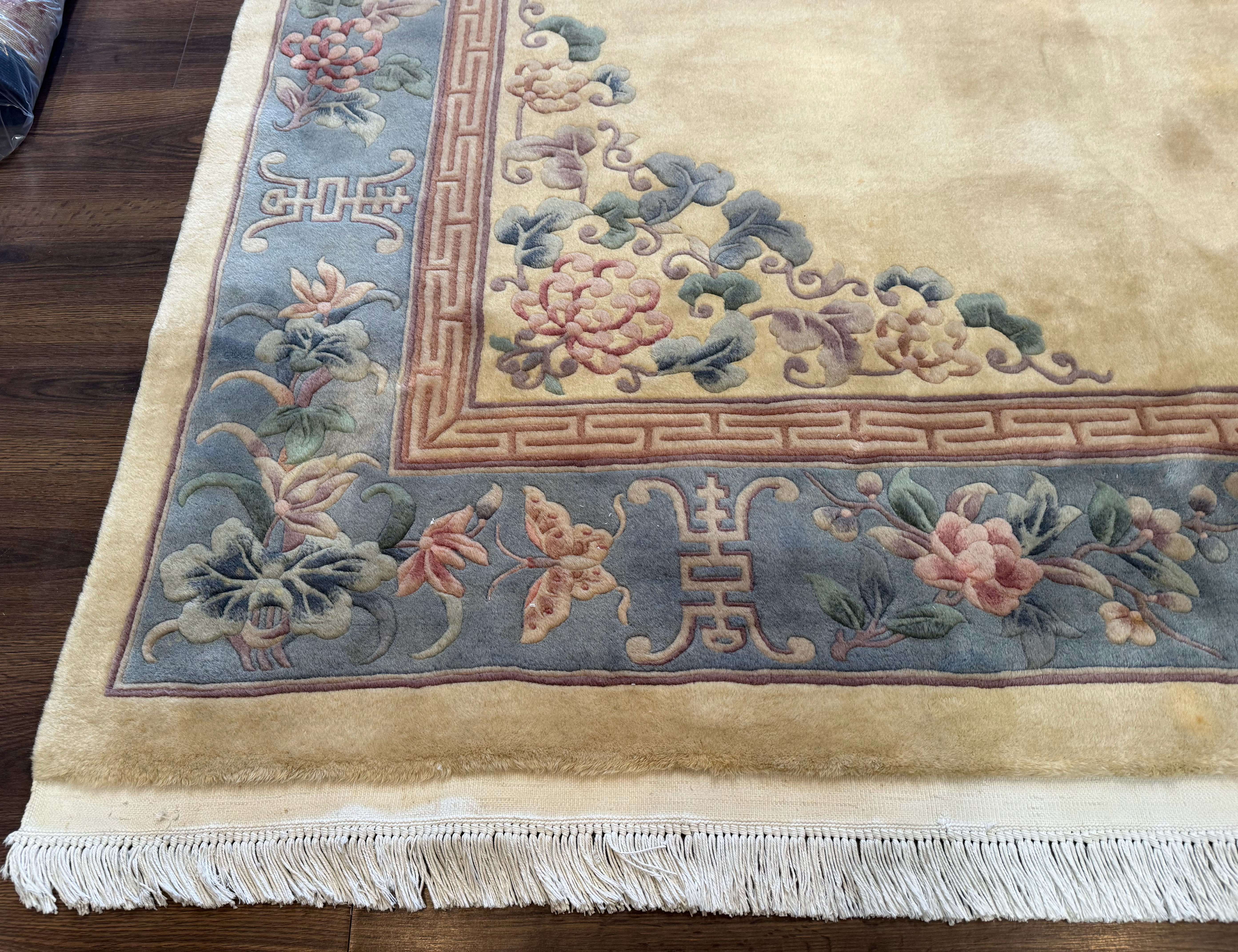 Chinese Wool Rug 8x10, Chinese 90 Line Carpet, Carving Sculpted Rug, Cream and Light Blue - Jewel Rugs