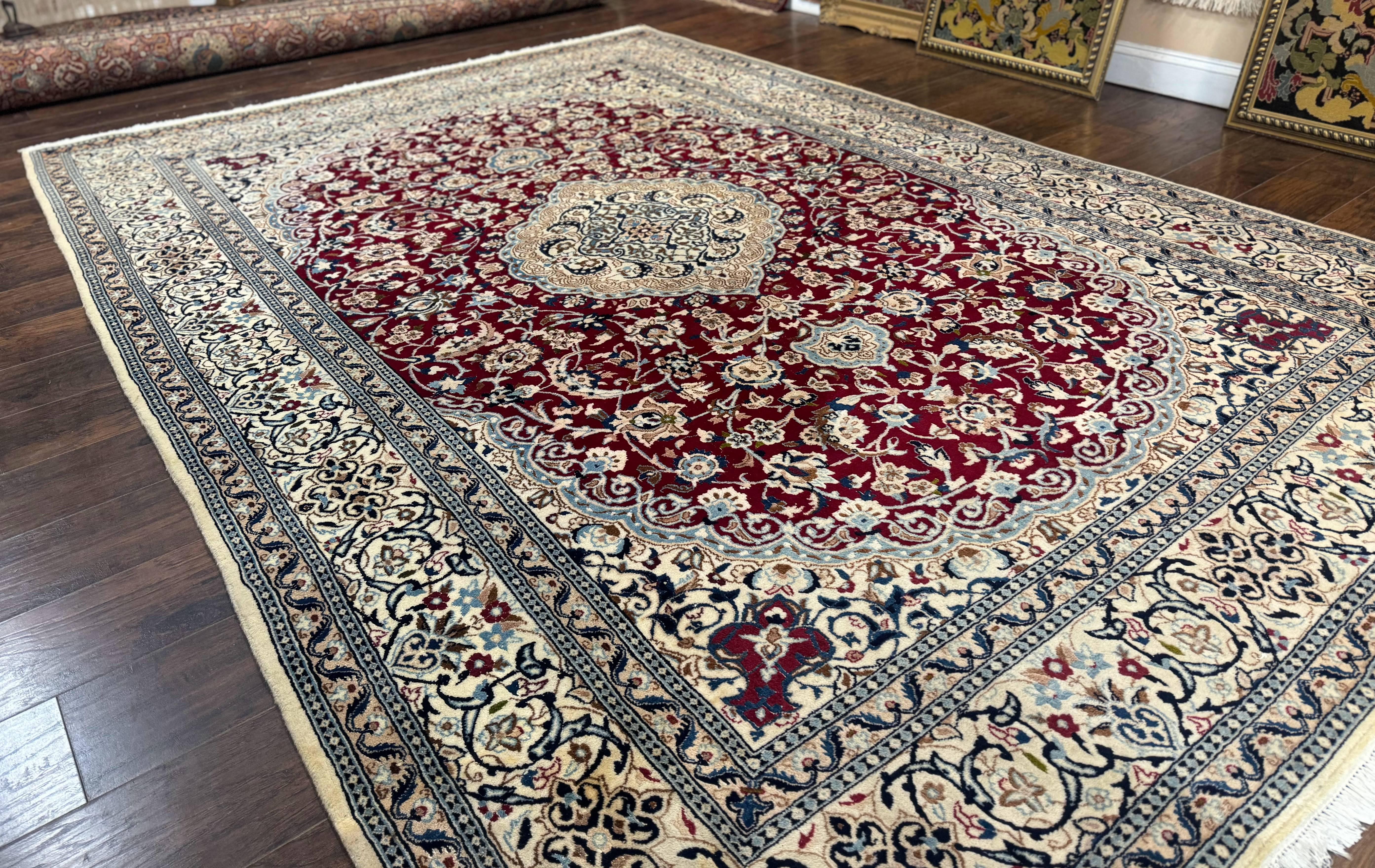 Persian Nain Rug 8x11, Wool and Silk Highlights, Burgundy & Ivory - Jewel Rugs