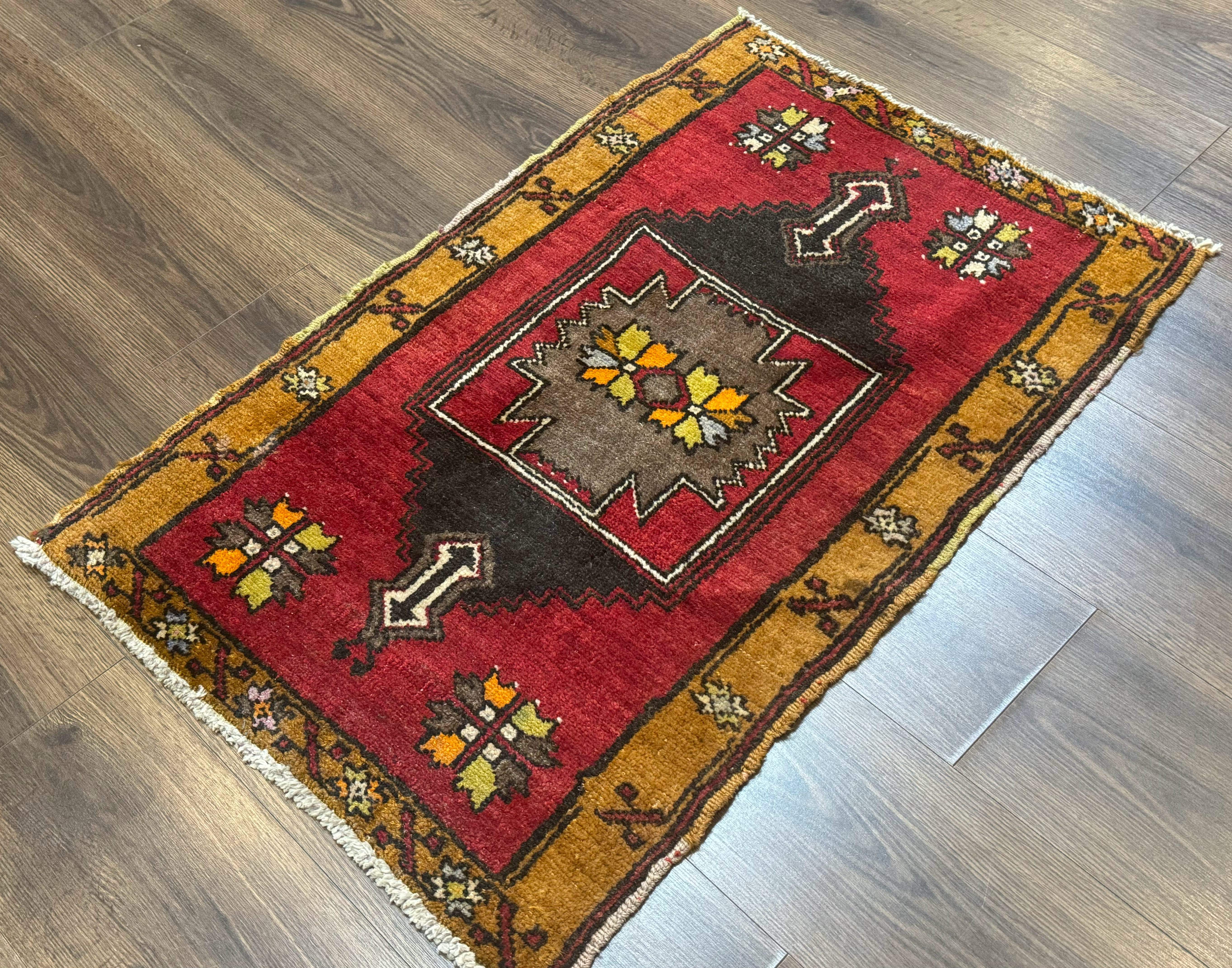 Turkish Yastik Rug 2x3, Geometric Medallion, Small Turkish Wool Rug, Red - Jewel Rugs