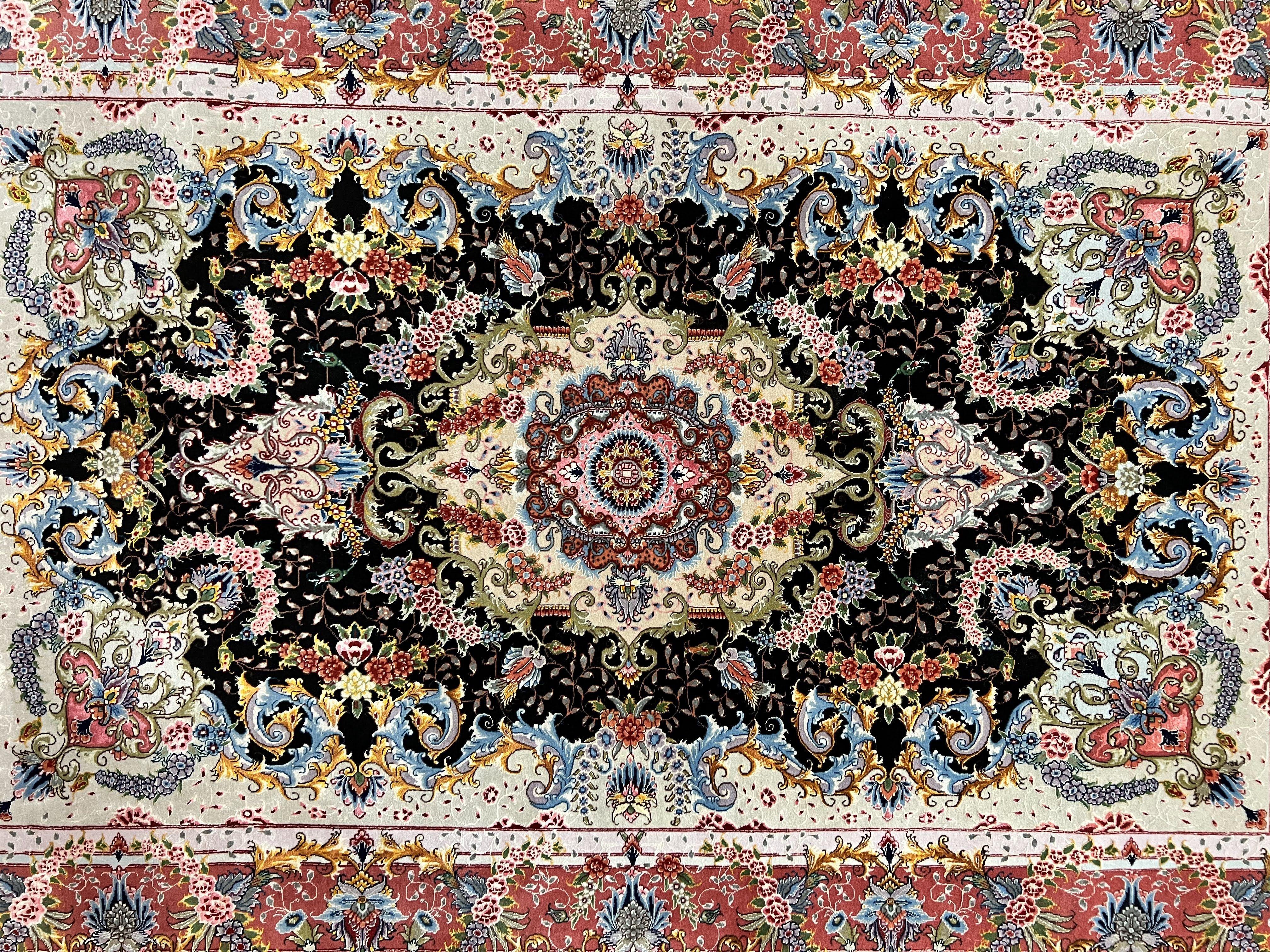 Wonderful 3x5 Persian Tabriz Rug, 650 KPSI, Kork Wool on Silk Foundation, Hand Knotted, Black and Red, Signed by Master Weaver, Floral Medallion - Jewel Rugs