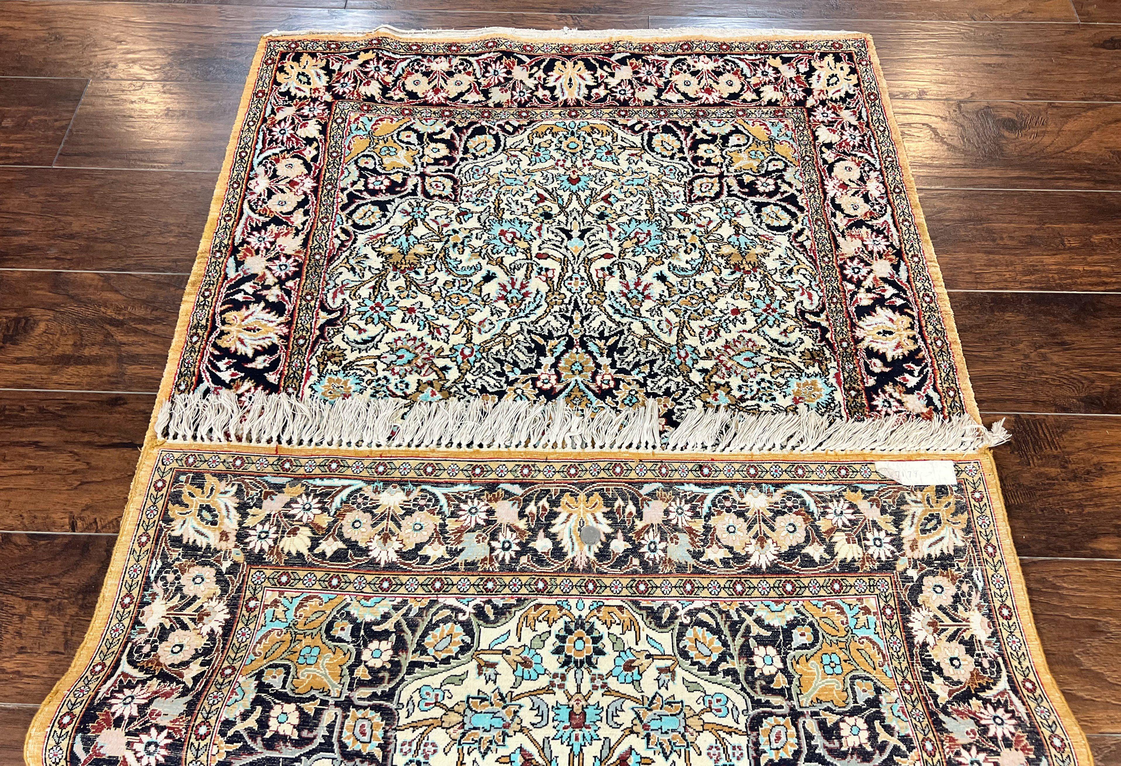 Silk Persian Qum Rug 4x5, Hand Knotted Vintage Carpet, Cream & Navy Blue, Silk Pile on Silk Foundation, Very Fine 360 KPSI - Jewel Rugs