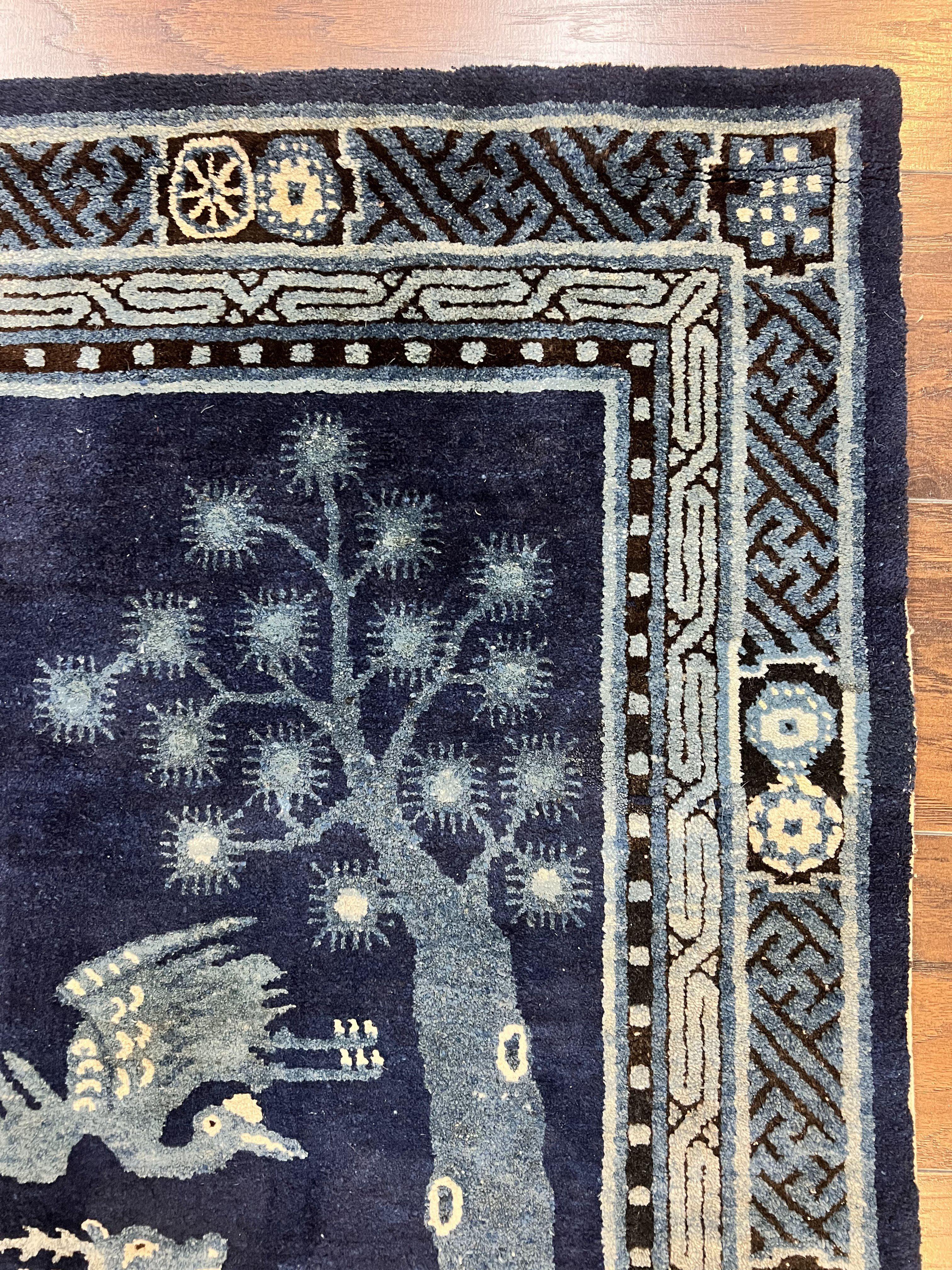 Antique Chinese Peking Rug 3x5, Dark Blue Chinese Wool Rug 3 x 5, Animal Pictorials Deer Birds, Handmade Asian Oriental Chinese Carpet - Jewel Rugs