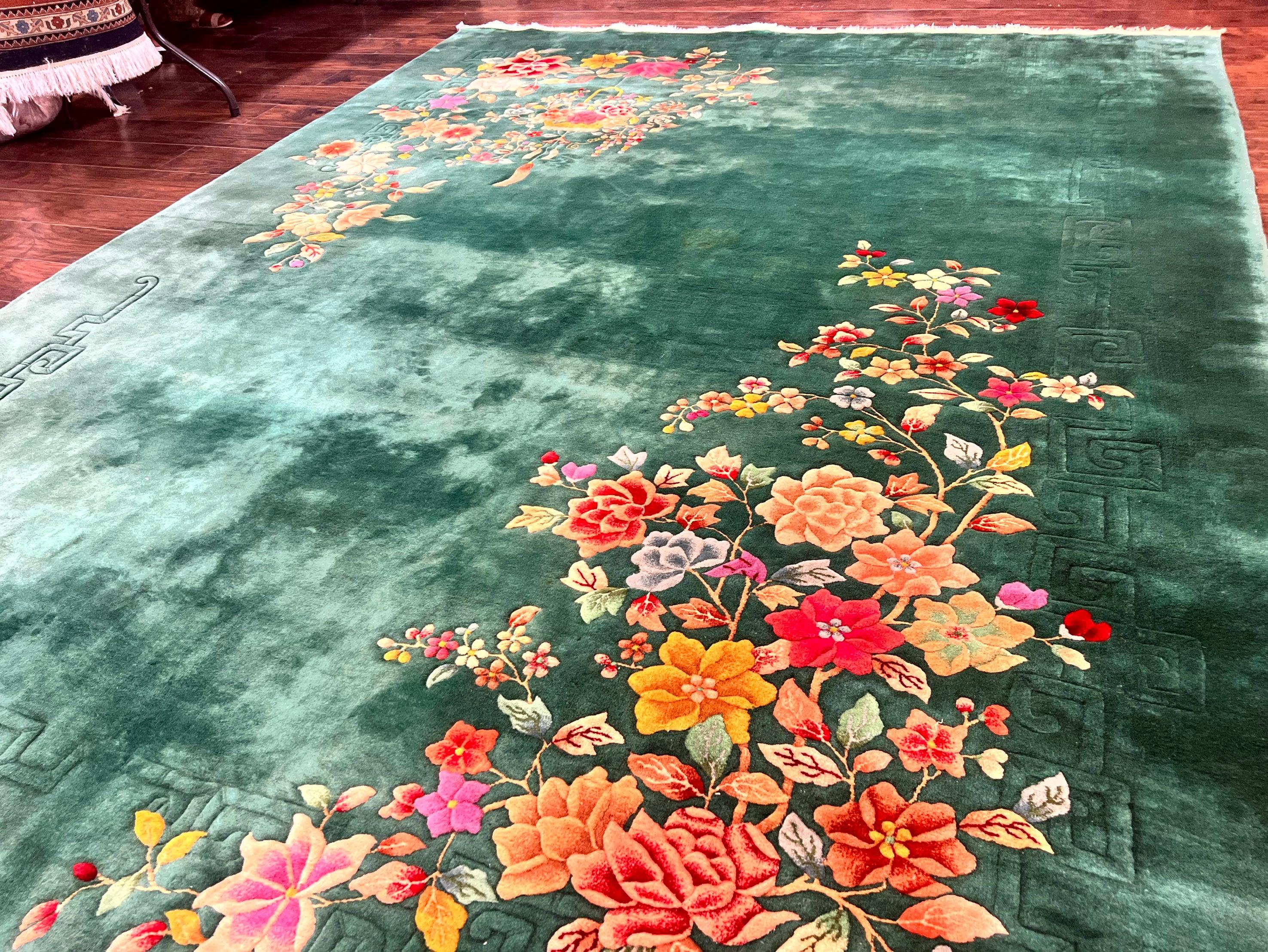 Green Chinese Art Deco Rug 9 x 11.6, Simple Design, Floral, Chinese Wool Carpet, Vintage Semi Antique, Nichols Rug, Handmade - Jewel Rugs