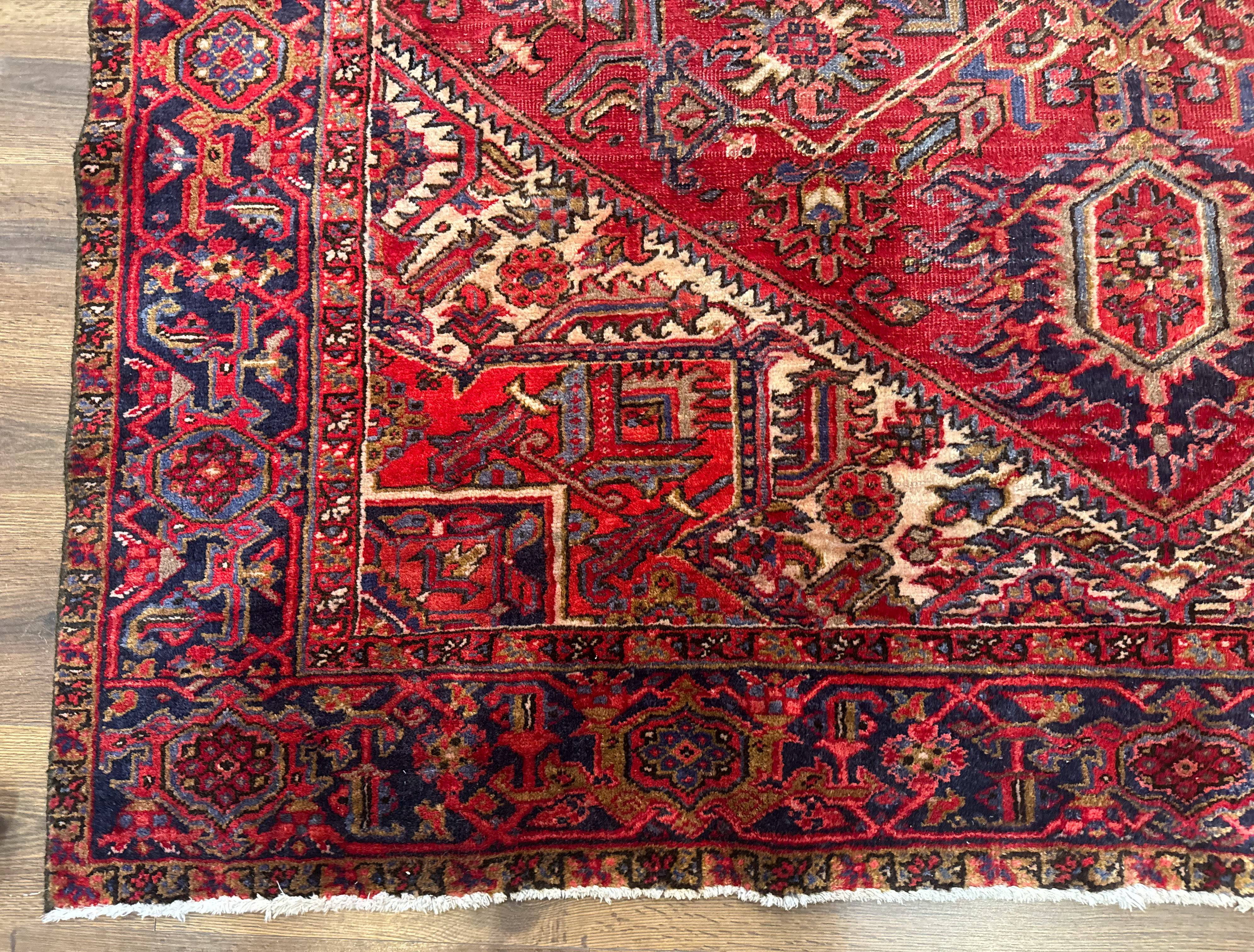 Persian Heriz Rug 7x10, Geometric Pattern, Red Ivory Navy Blue - Jewel Rugs