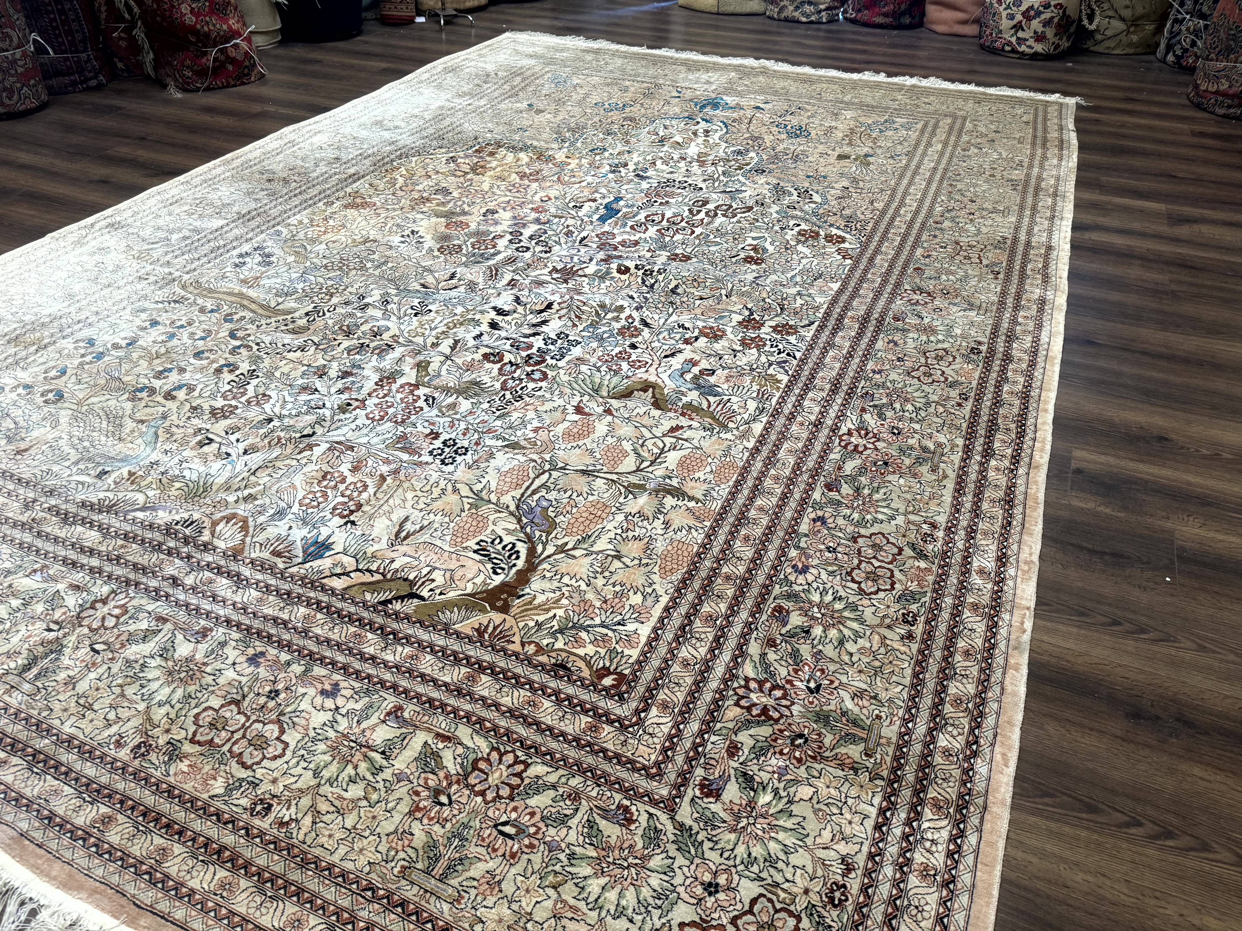 Indian Kashmiri Rug 9x14 Tree of Life Silk on Silk Animal Pictorials - Jewel Rugs