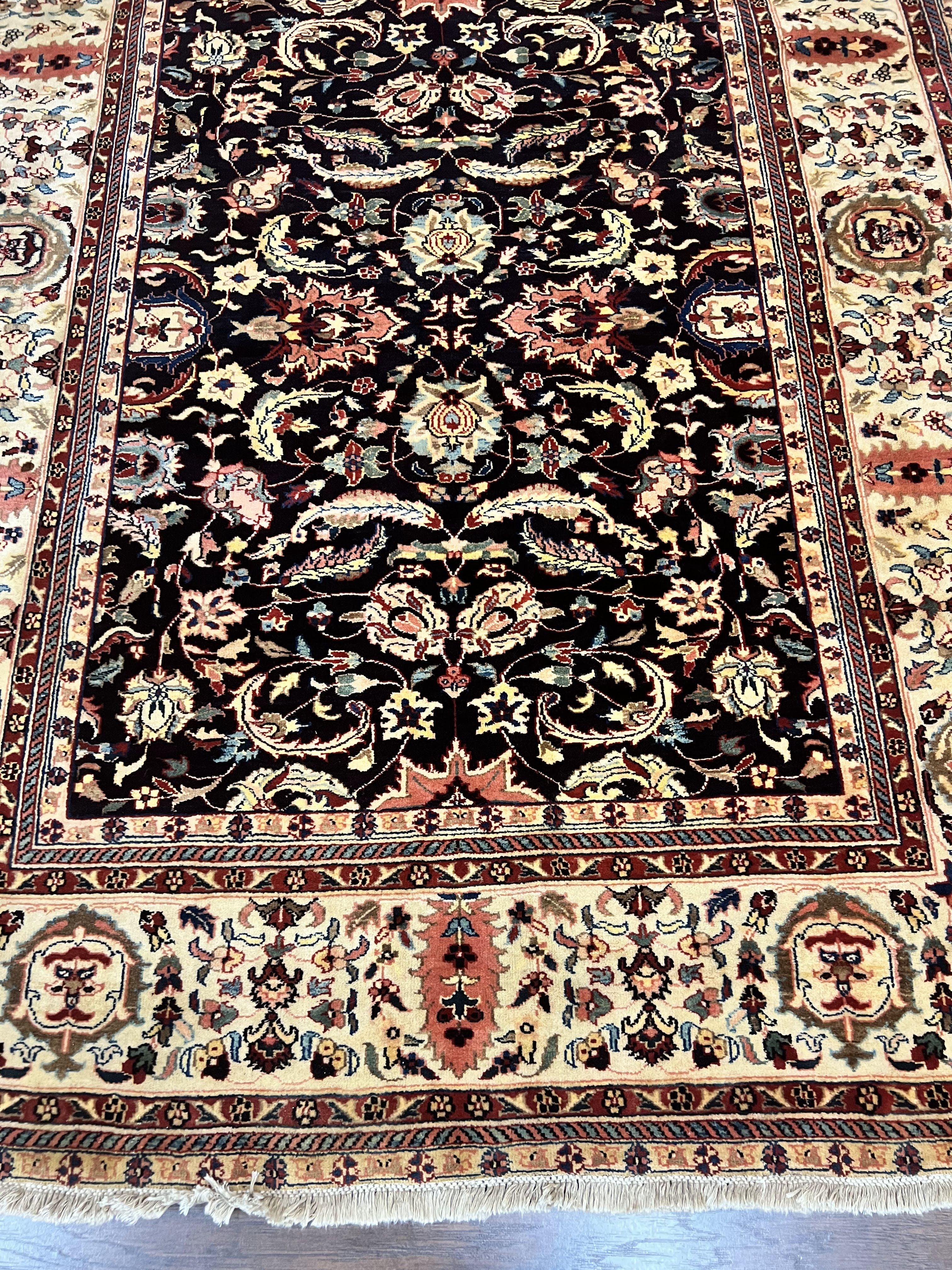 Indo Persian Rug 5x15, Wide Runner Rug 5 x 15 ft, Wool Hand Knotted Vintage Carpet, Black & Cream, Floral Allover Long Oriental Rug - Jewel Rugs