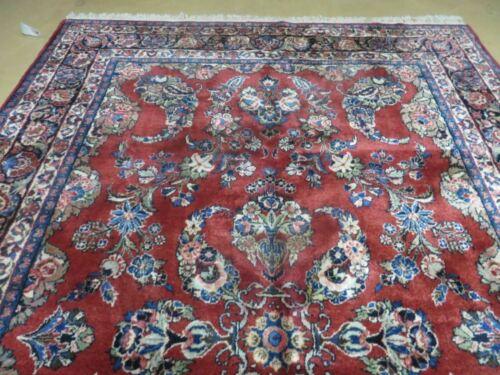Antique Persian Qazvin Rug 6x9, Wool Hand-Knotted Oriental Carpet 6 x 9, Allover Floral Sarouk Design, 1940s Vintage Carpet, Red Navy Blue Cream - Jewel Rugs