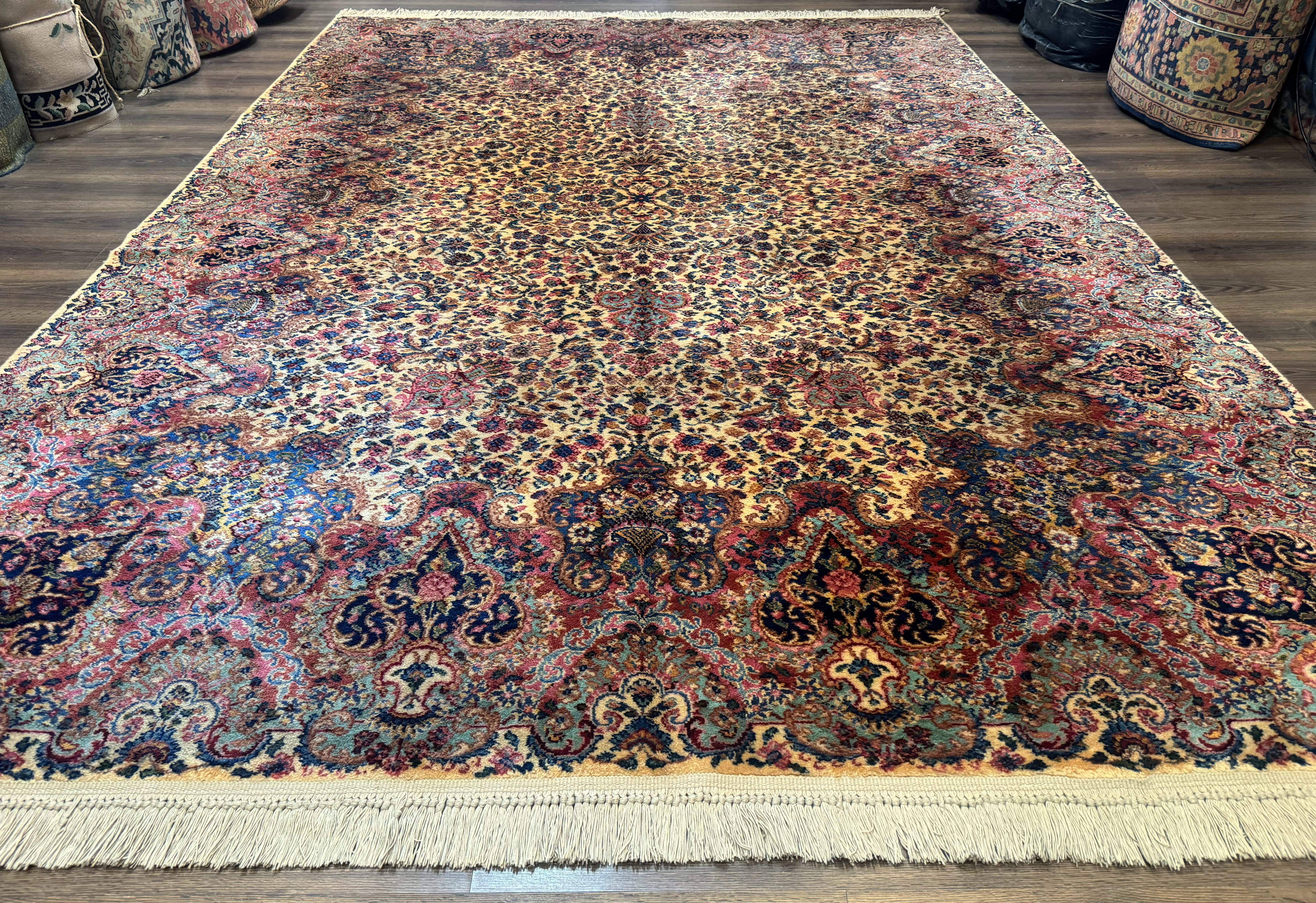 Karastan Ivory Floral Kirman Rug 8.8 x 12, Wool Vintage Discontinued - Jewel Rugs