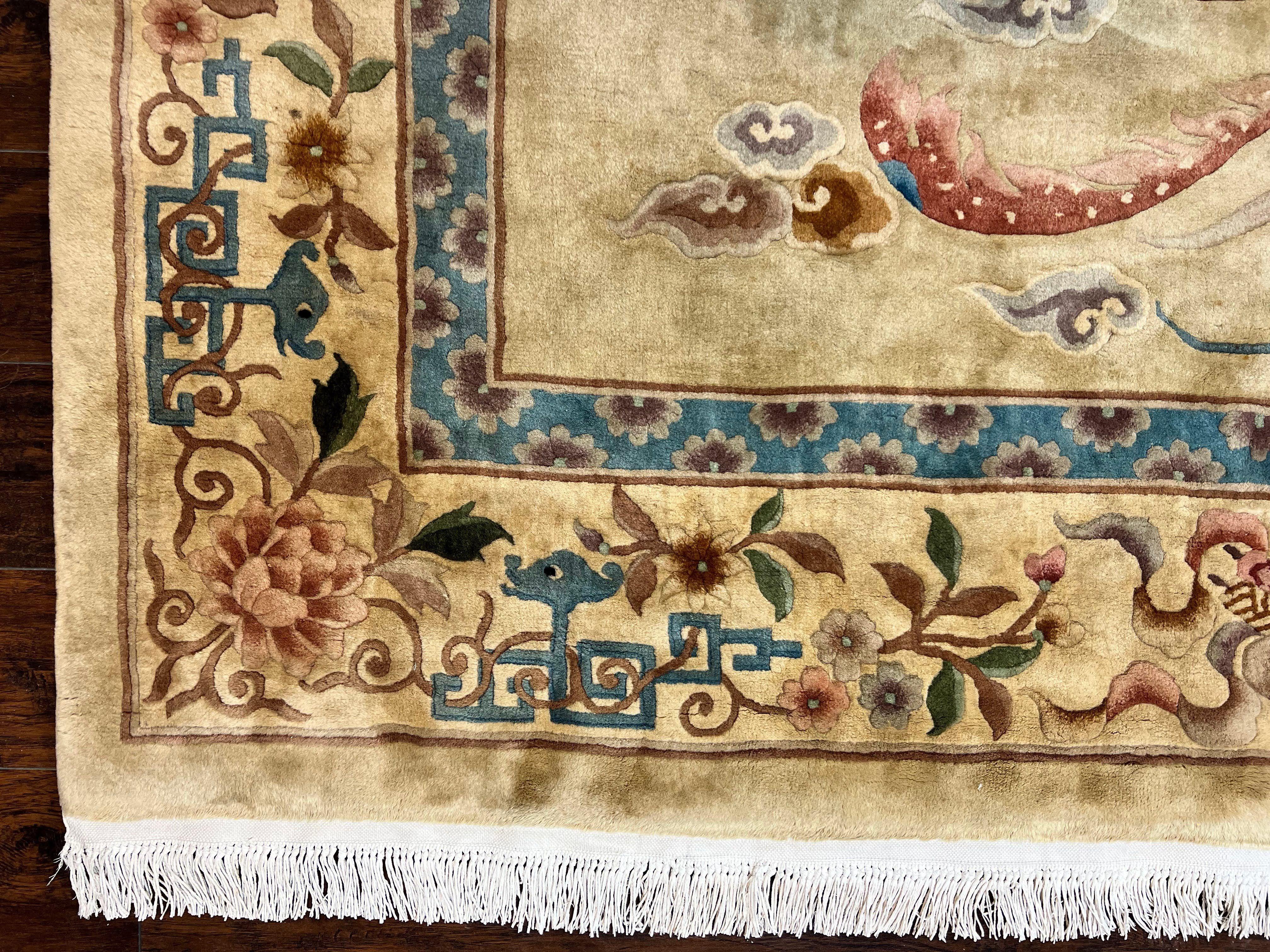Chinese Wool Rug 8x10 with Phoenix and Dargon, Light Gold and Blue Area Rug, Vintage 1960s Hand Knotted Handmade Asian Art Deco Carpet - Jewel Rugs