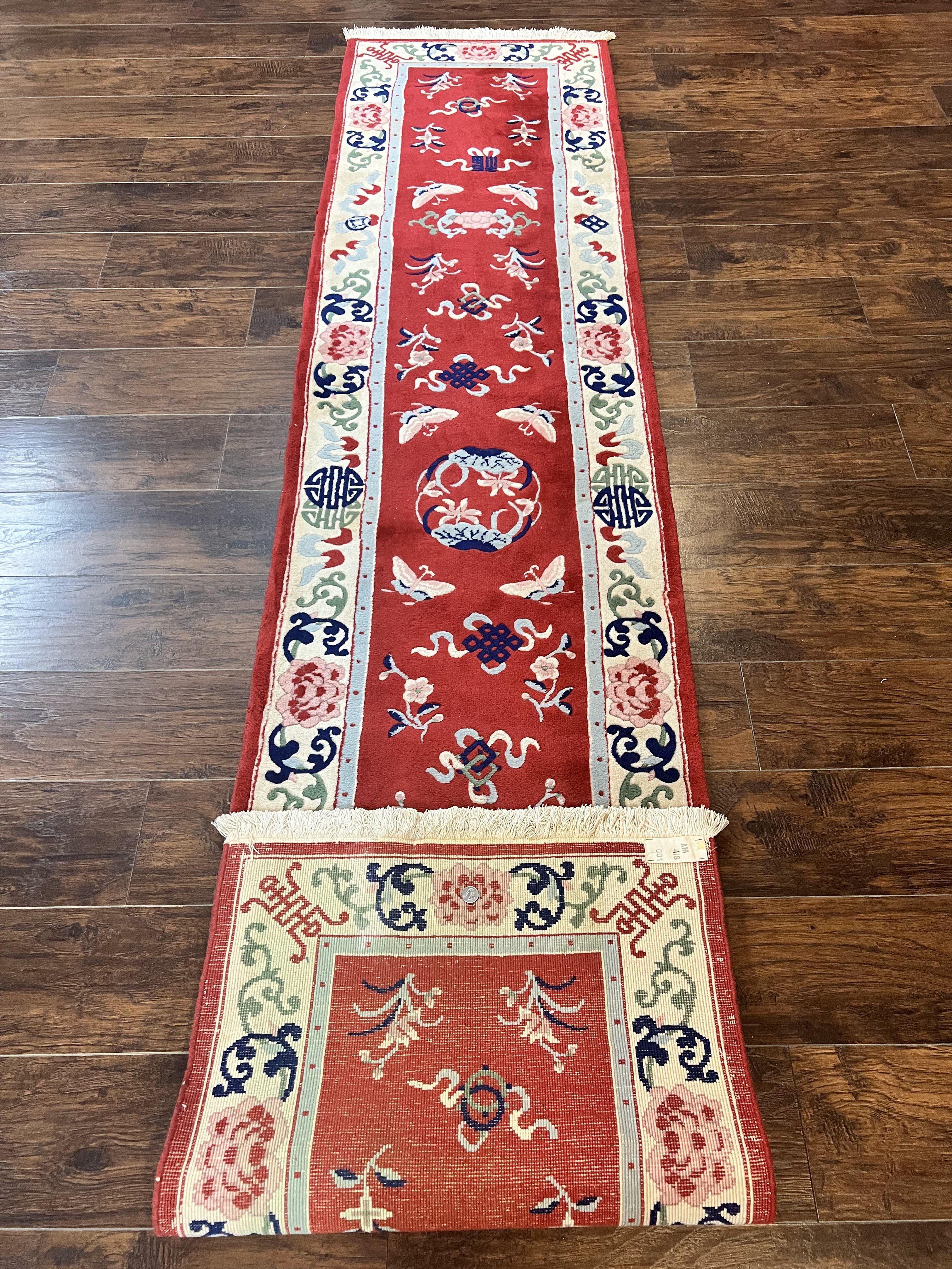 Chinese Wool Runner Rug 2x11, Red and Cream, Butterflies, Handmade Vintage Wool Asian Oriental Carpet 2 x 11, Chinese Carving Rug, 120 Line - Jewel Rugs