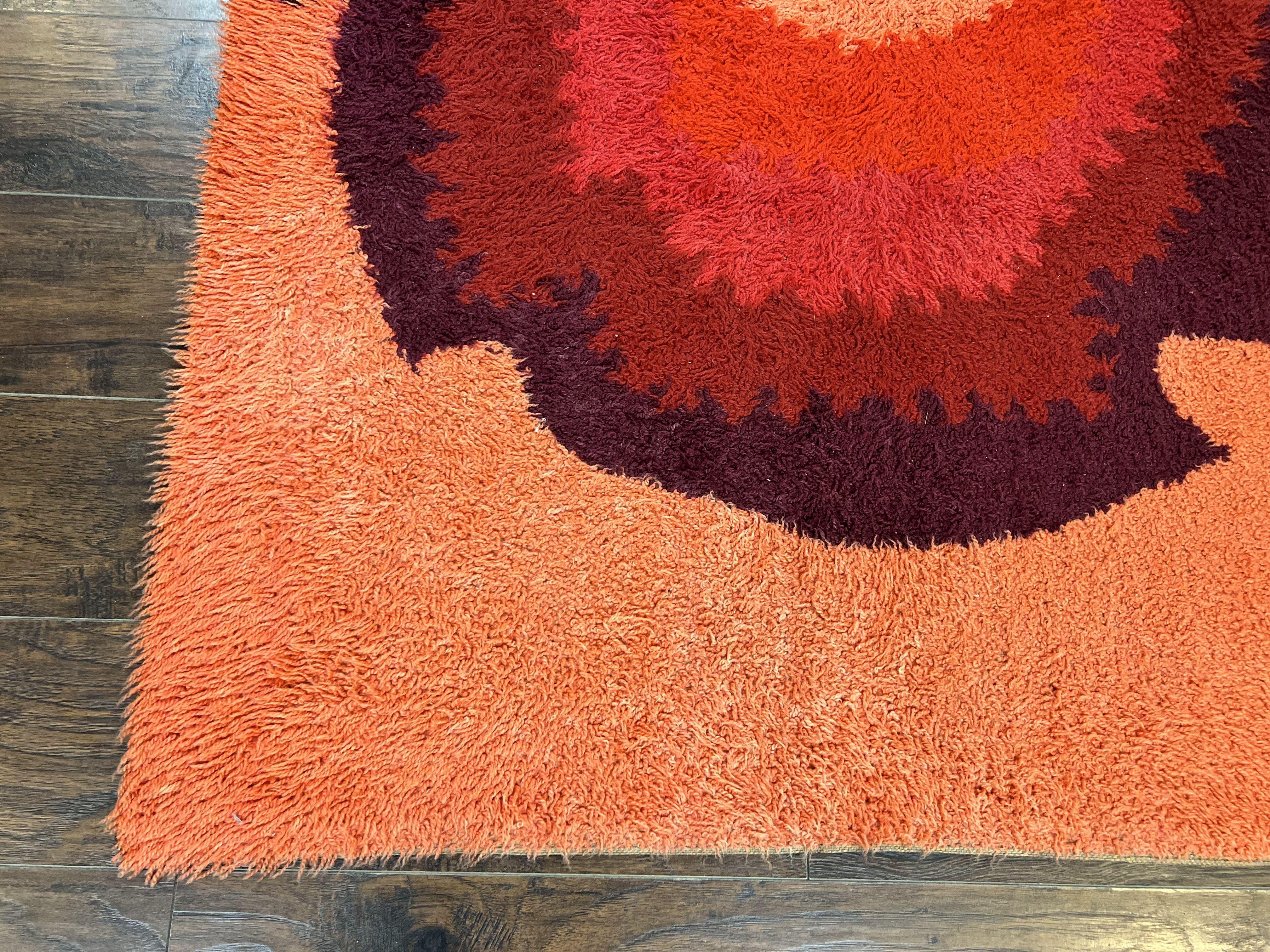 Danish Rya Shag Rug 4x6, Mid Century 1960s Retro Vintage Wool Rug, Shades of Red - Jewel Rugs