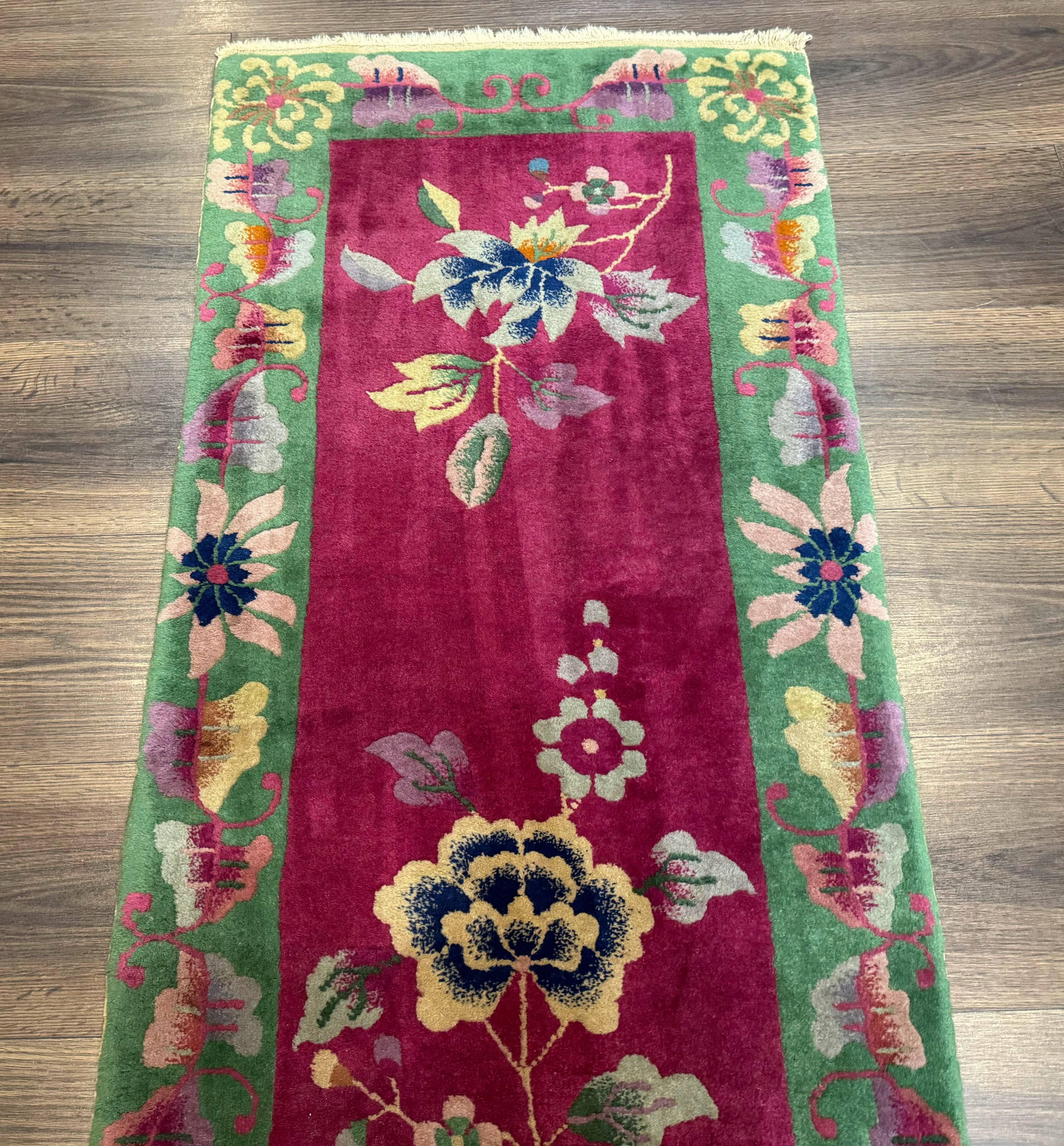 Small Chinese Art Deco Rug 2x4, Magenta and Green, Nichols Carpet, Floral, Wool - Jewel Rugs