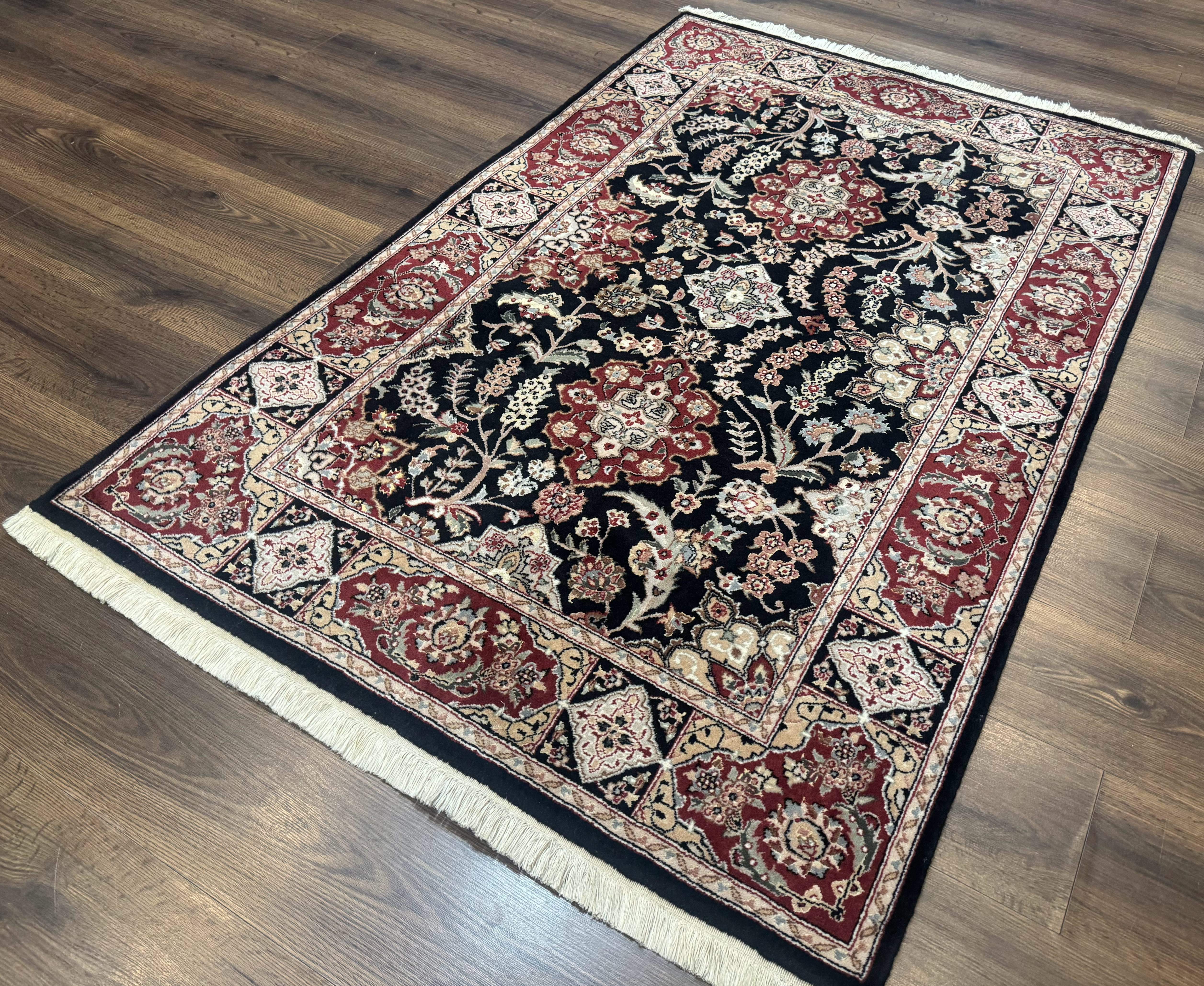 Pak Persian Rug 4x6, Black and Burgundy, Floral Allover, Wool and Silk - Jewel Rugs