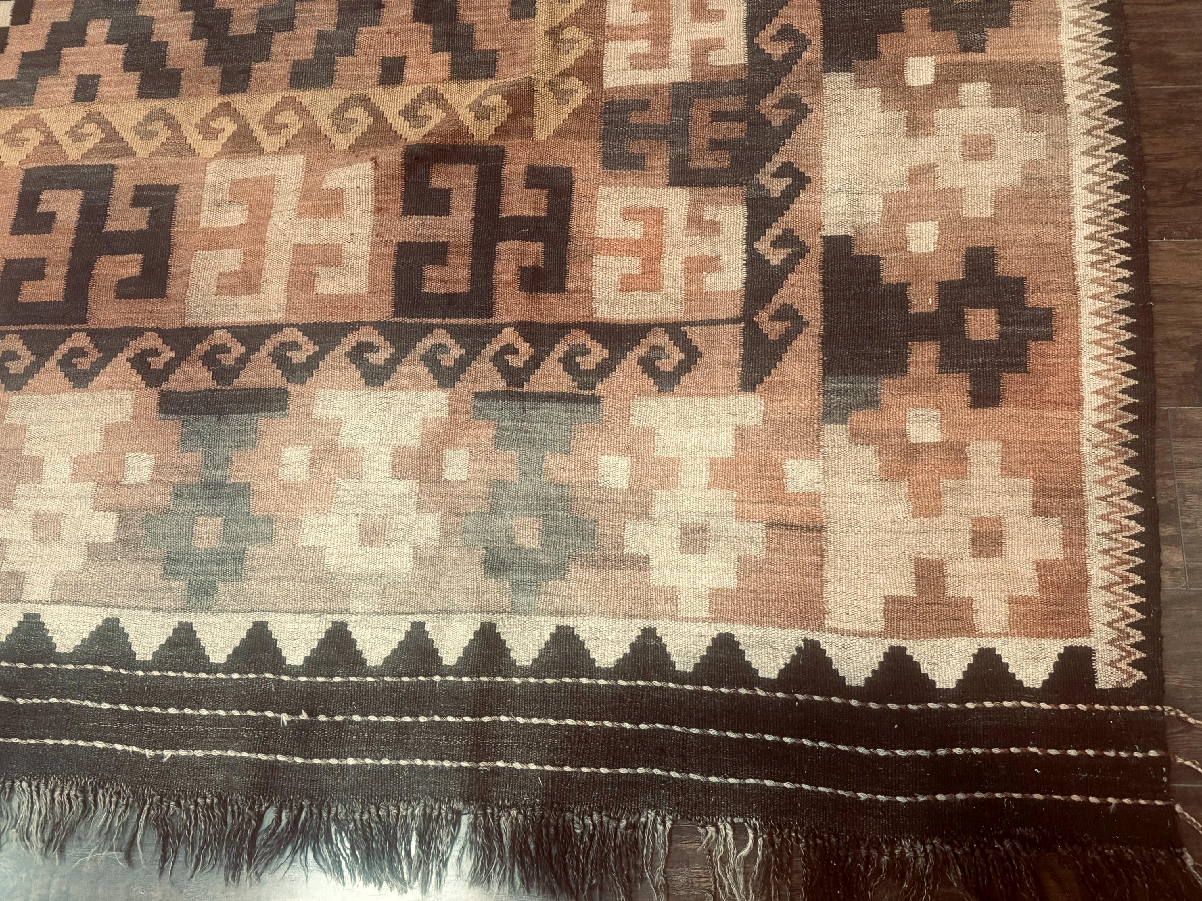 Antique Persian Tribal Kilim Rug 9x12, Zig Zag Pattern Kilim, Zarand Rug, Wool, Earth Tone Colors - Jewel Rugs