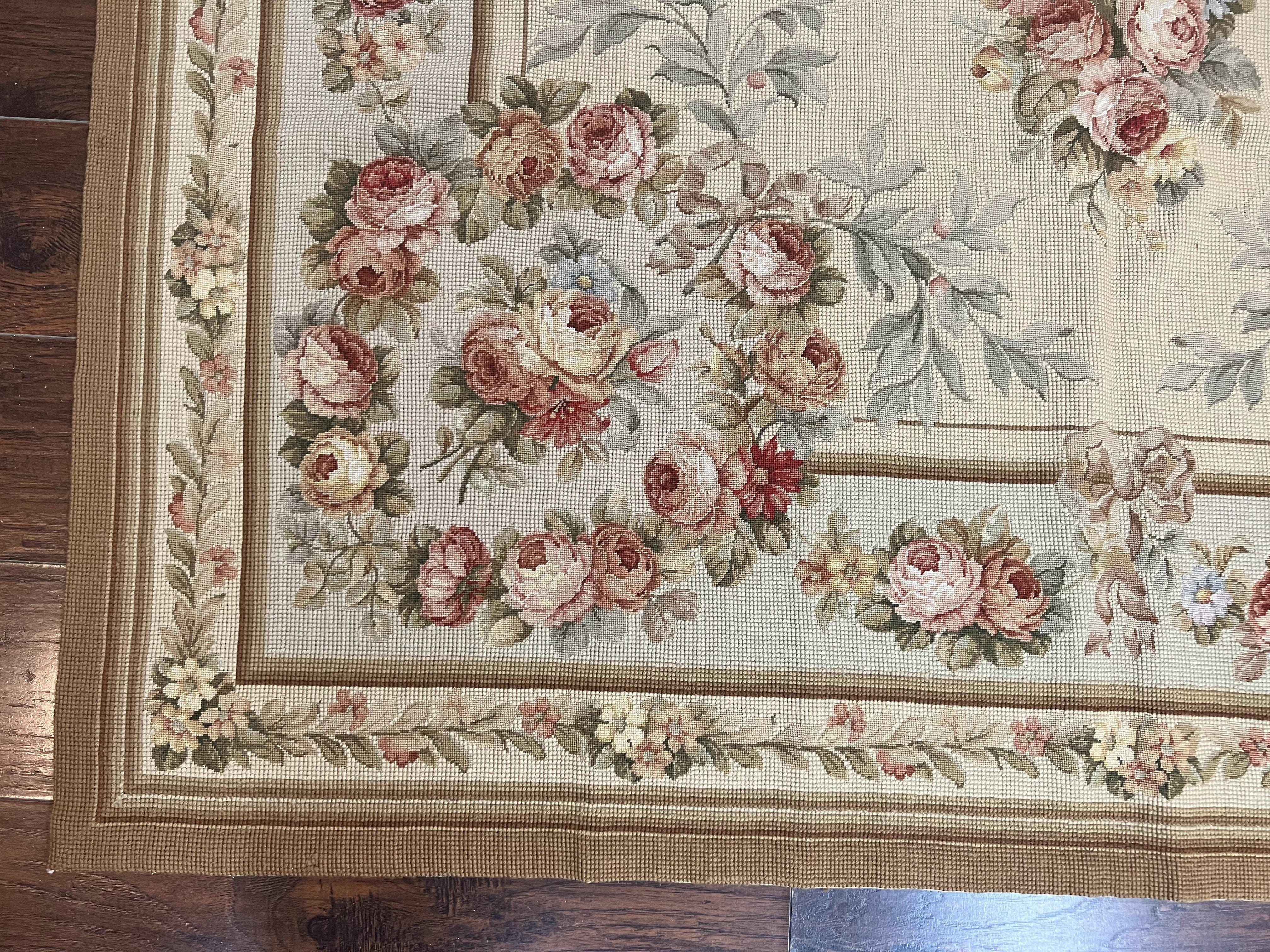 Needlepoint Rug, Aubusson Design, Petit Point Carpet, Floral, Cream, French European Design, Flatweave, Wool, Vintage - Jewel Rugs