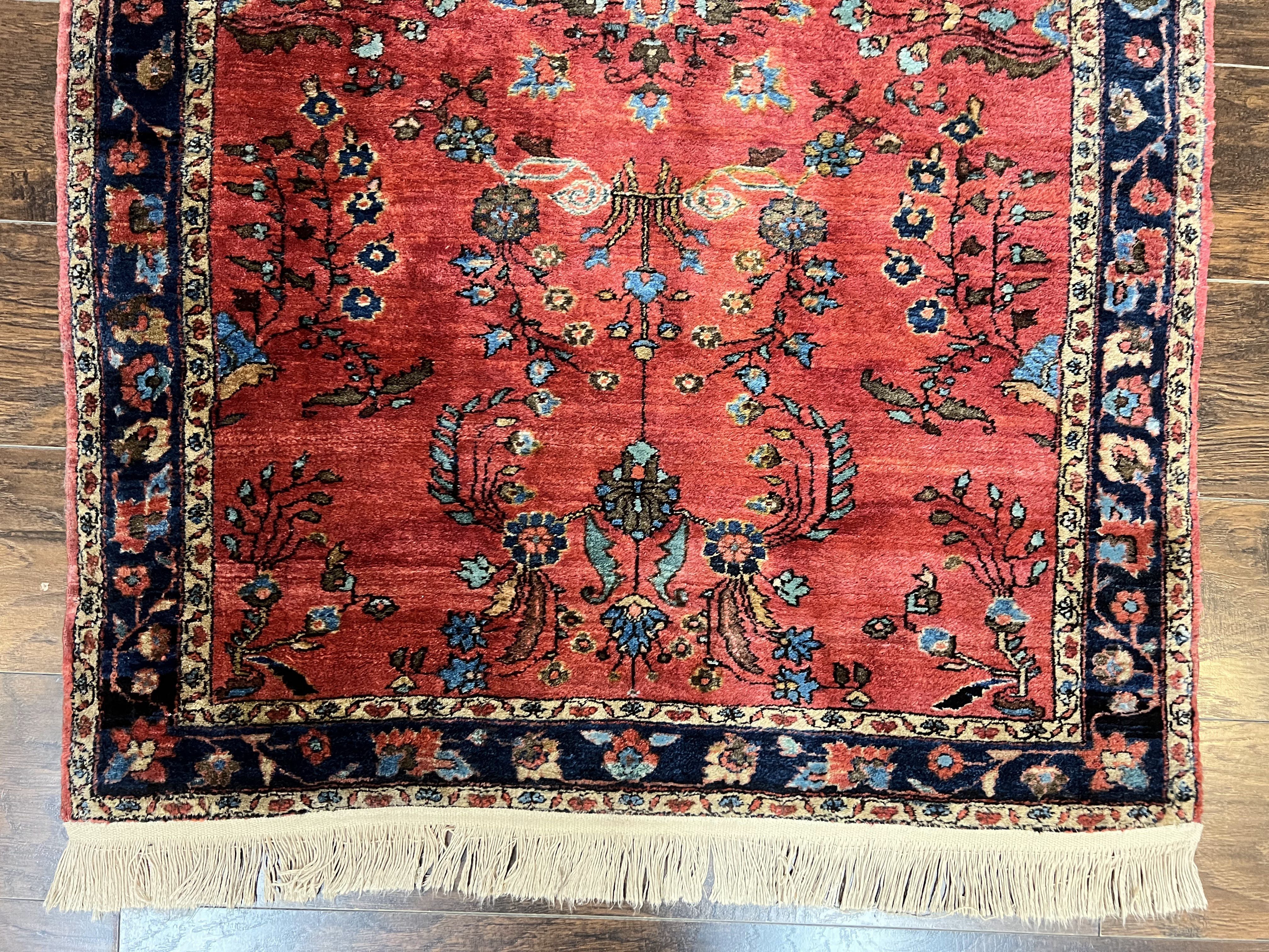 Persian Sarouk Rug 3x5, Antique Persian Carpet, Red and Navy Blue, Hand Knotted Handmade Floral Wool 1920s Fine Oriental Rug - Jewel Rugs