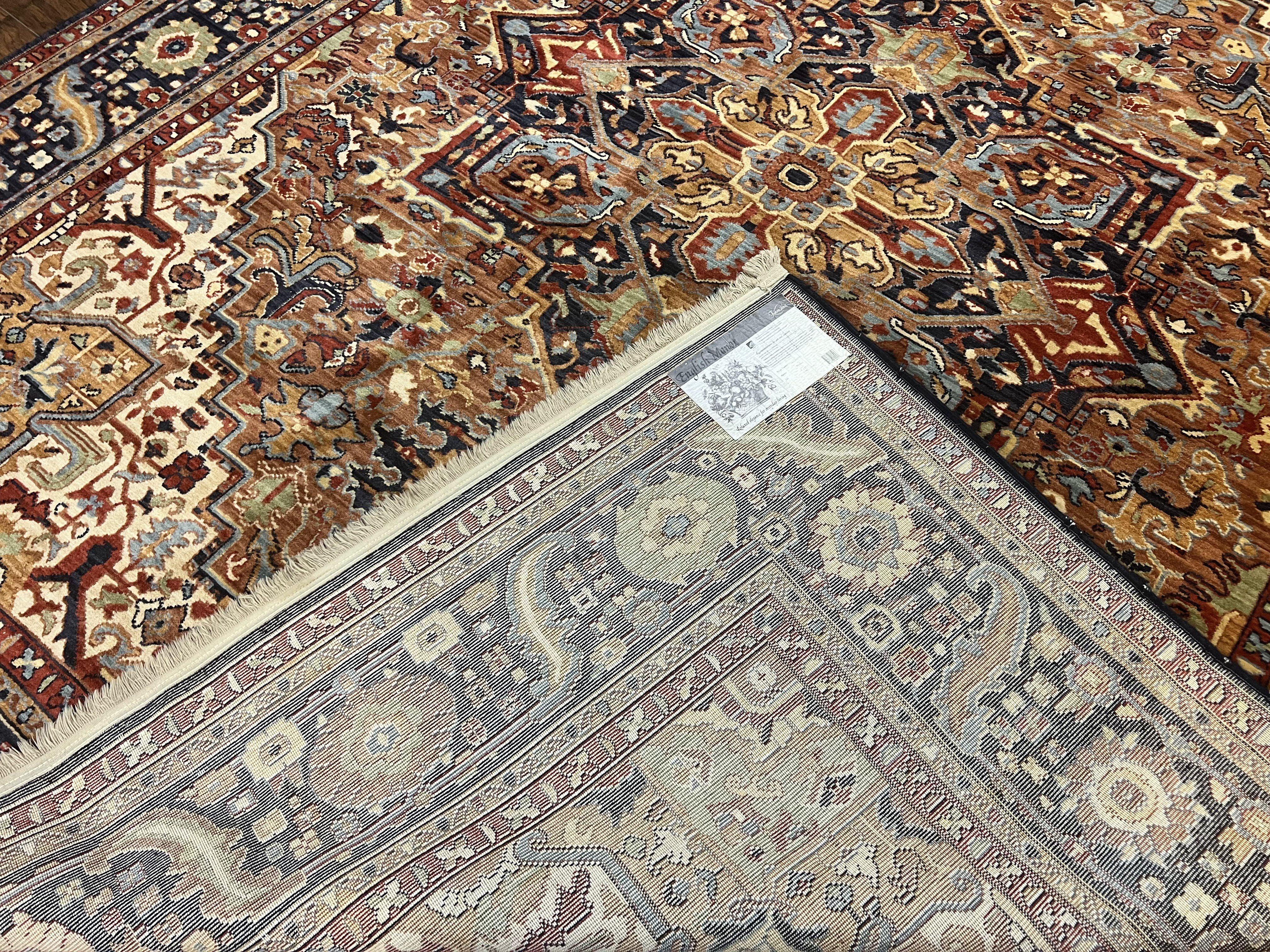 Karastan Rug 8 x 10.5, English Manor Windsor Heriz Karastan Carpet 8x10, Geometric Design, Wool Vintage Area Rug 8 x 10 ft, Red Navy - Jewel Rugs