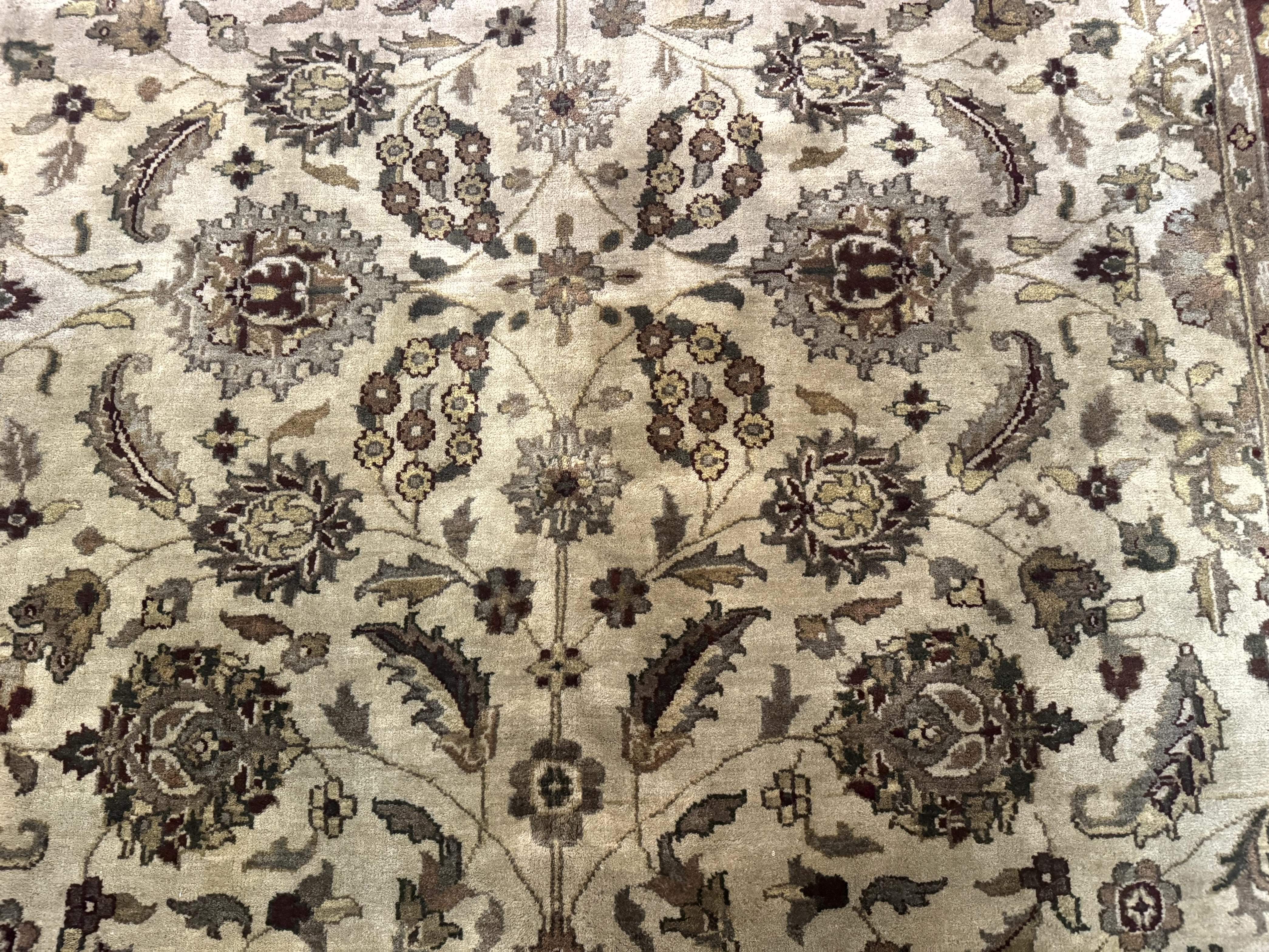 Indo Persian Mahal Rug 8x10 – Beige and Maroon, Hand-Knotted Wool Carpet - Jewel Rugs