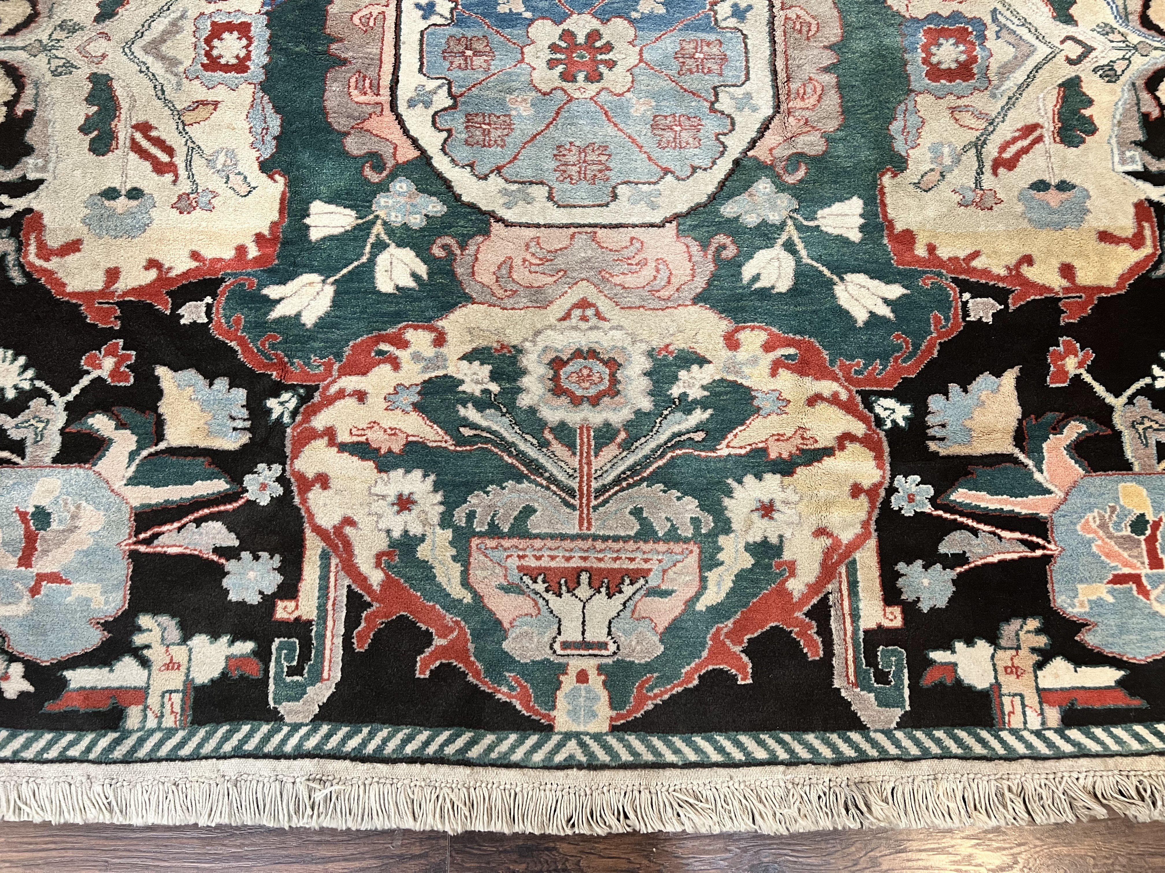 Square Turkish Rug 7x7, Vintage Handmade Wool Carpet, Black Beige Green - Jewel Rugs