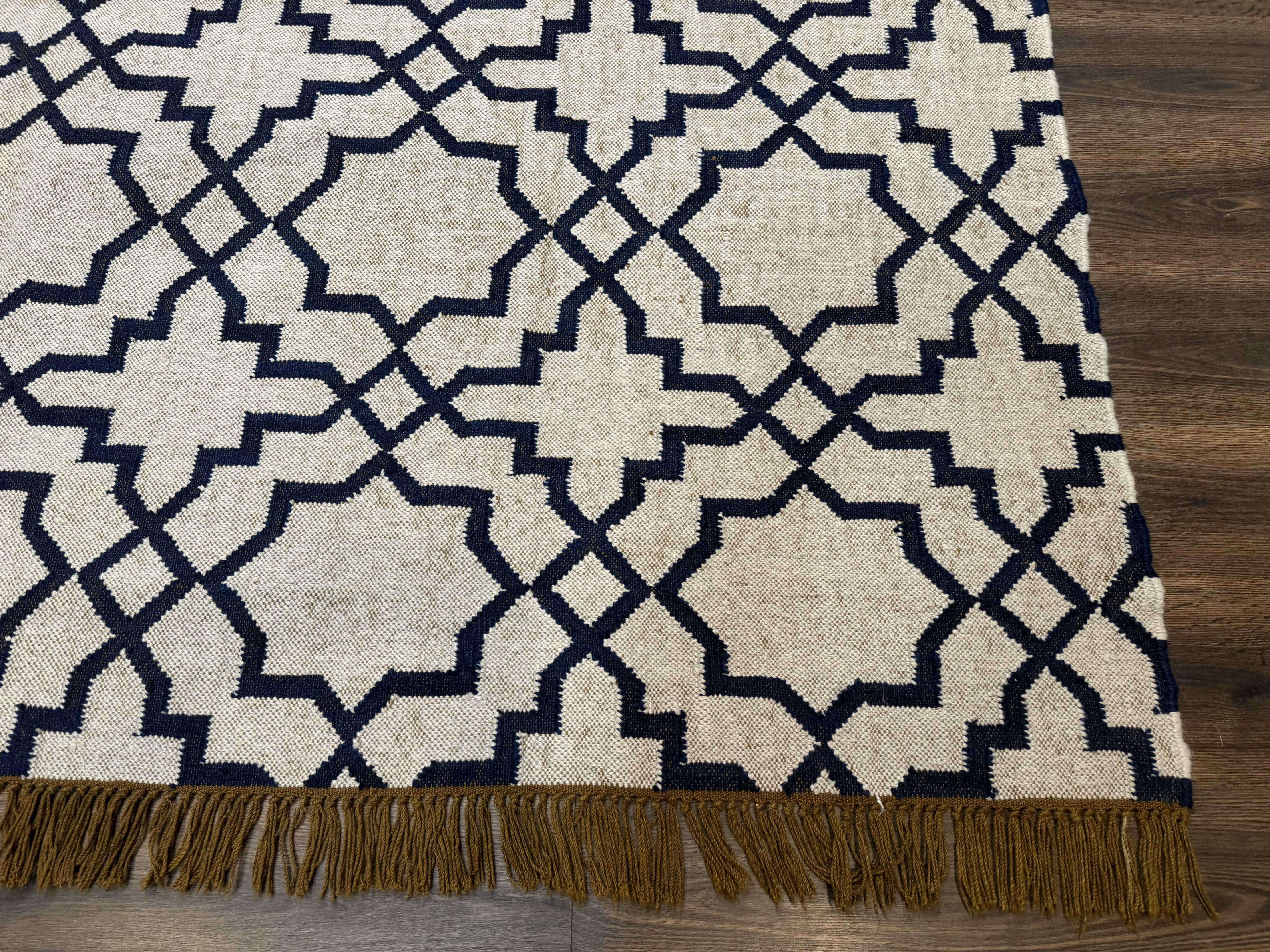 Indian Kilim Rug 8x10, Oat and Navy Blue, Dhurrie Carpet, Handmade, Wool - Jewel Rugs