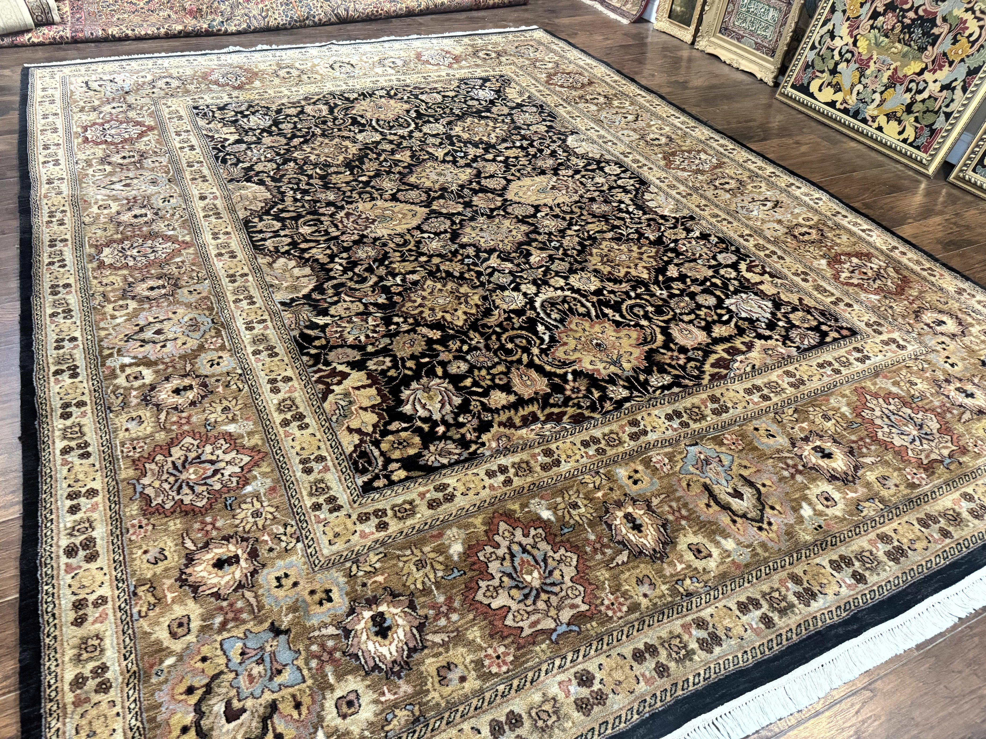 Indo Persian Rug 9x12, Floral Allover, Midnight Blue, Handmade Vintage Wool Oriental Carpet - Jewel Rugs