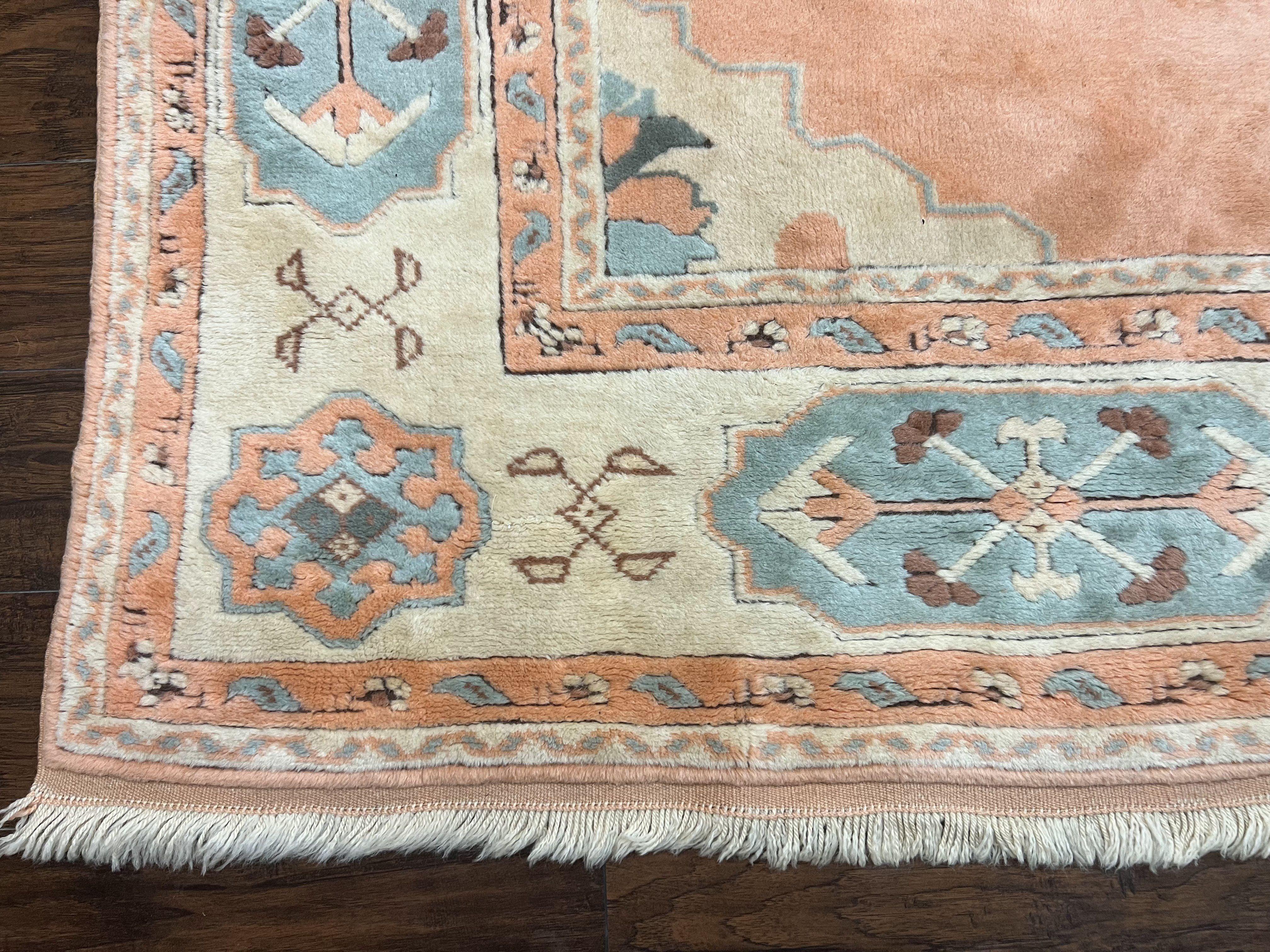 Turkish Oushak Rug 9x12, Wool Hand Knotted Vintage Carpet, Peach Cream Light Blue Room Sized Oriental Rug - Jewel Rugs