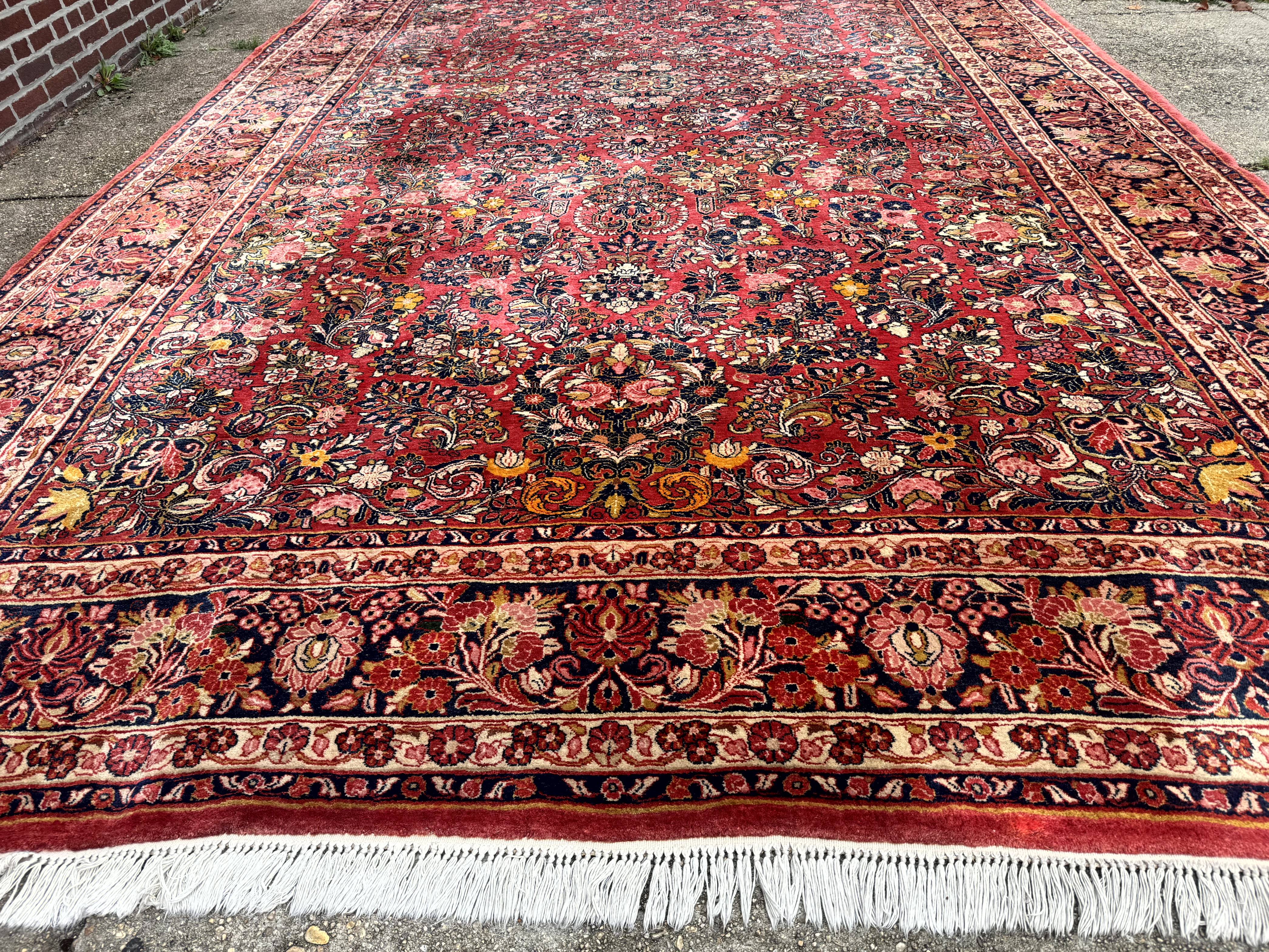 Large Antique Persian Sarouk Rug 11x18, Red, Floral Allover, Palace Size Wool Handmade Carpet - Jewel Rugs