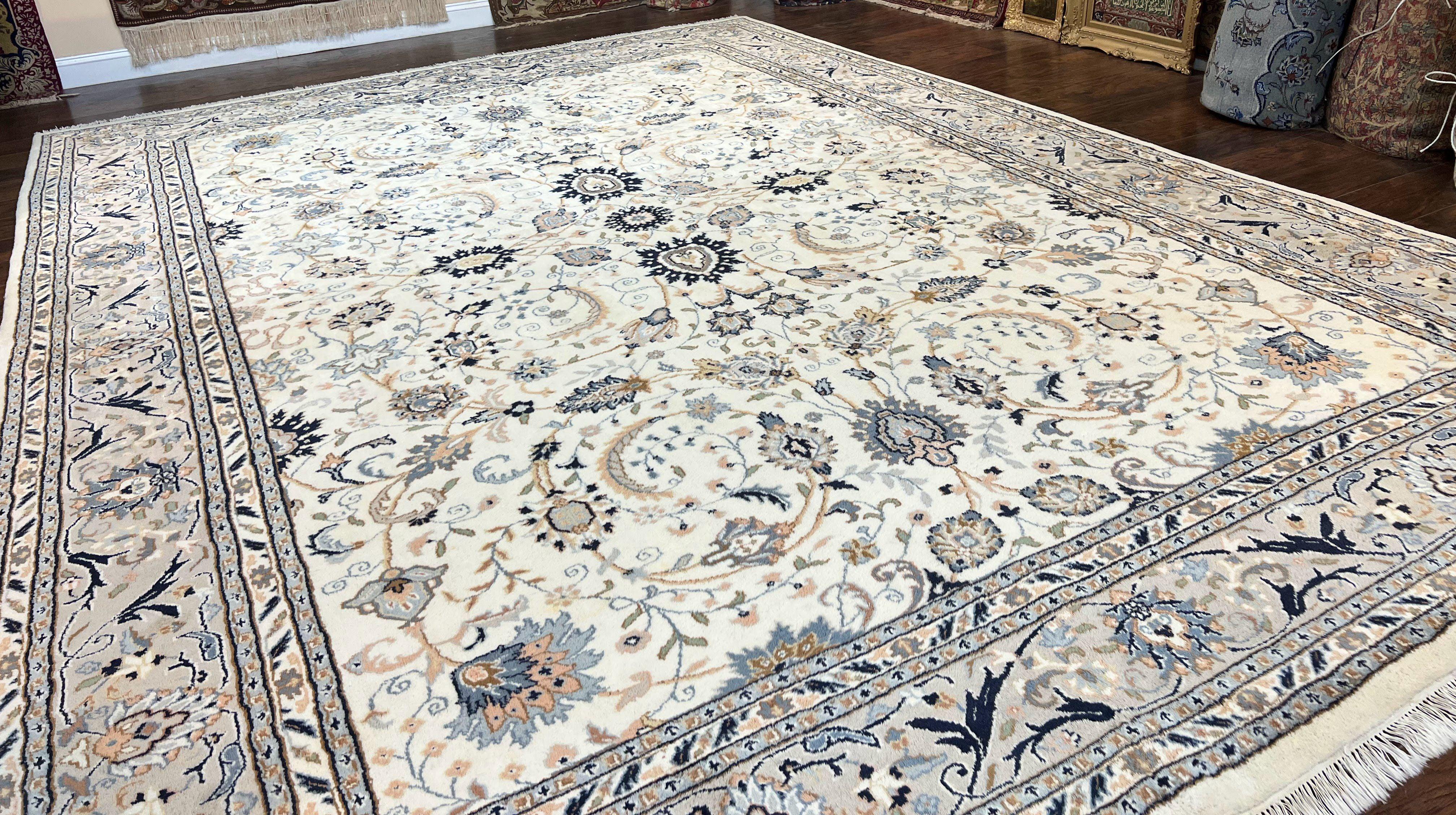 Indo Persian Rug 10x14, Floral Allover, Ivory and Light Gray, Handmade Vintage Wool Large Carpet - Jewel Rugs