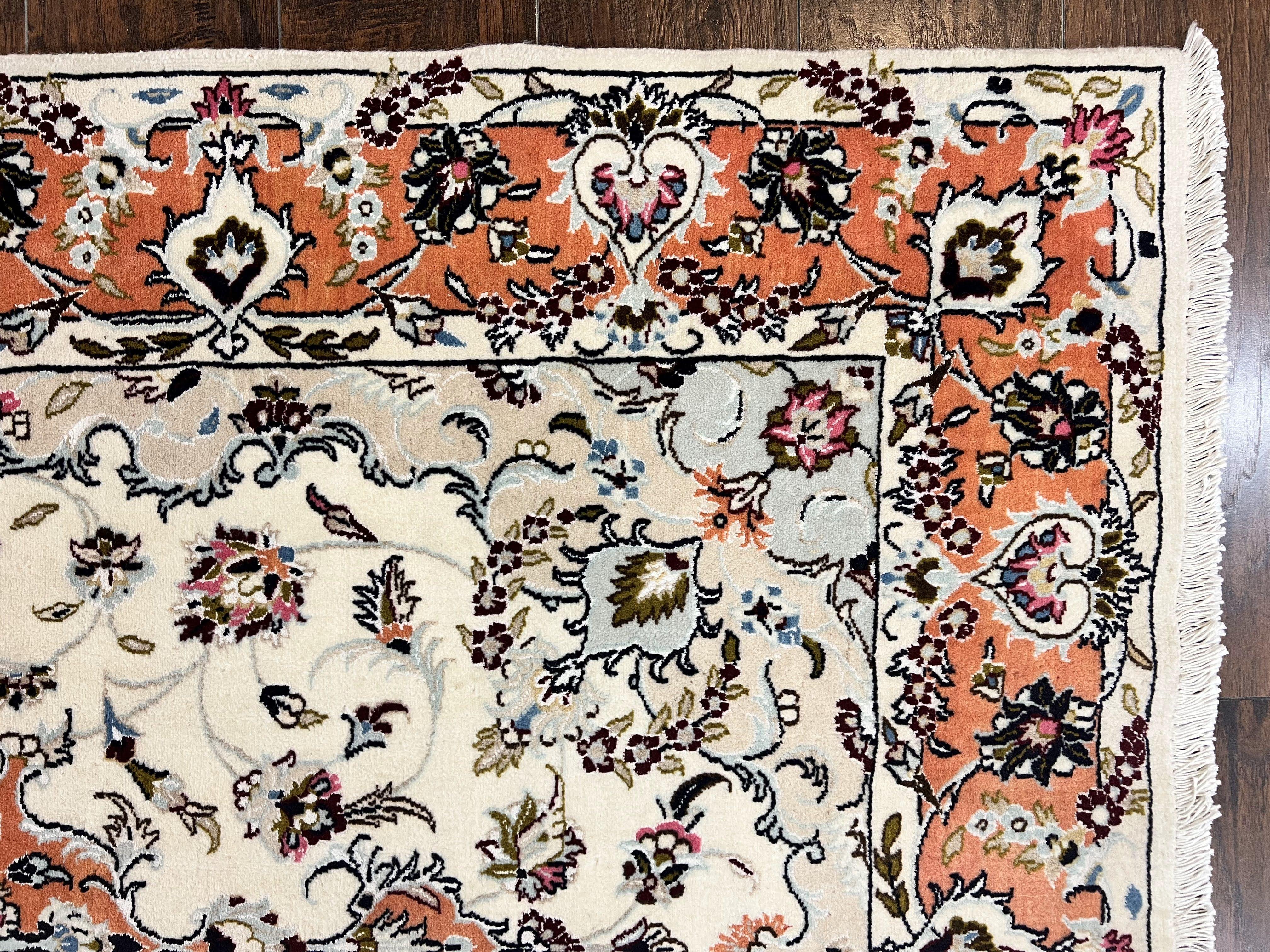 Persian Tabriz Rug 4.5 x 6.8, Finely Hand Knotted Wool with Silk Highlights Vintage Oriental Carpet, Cream and Salmon, High KPSI, Floral Medallion - Jewel Rugs