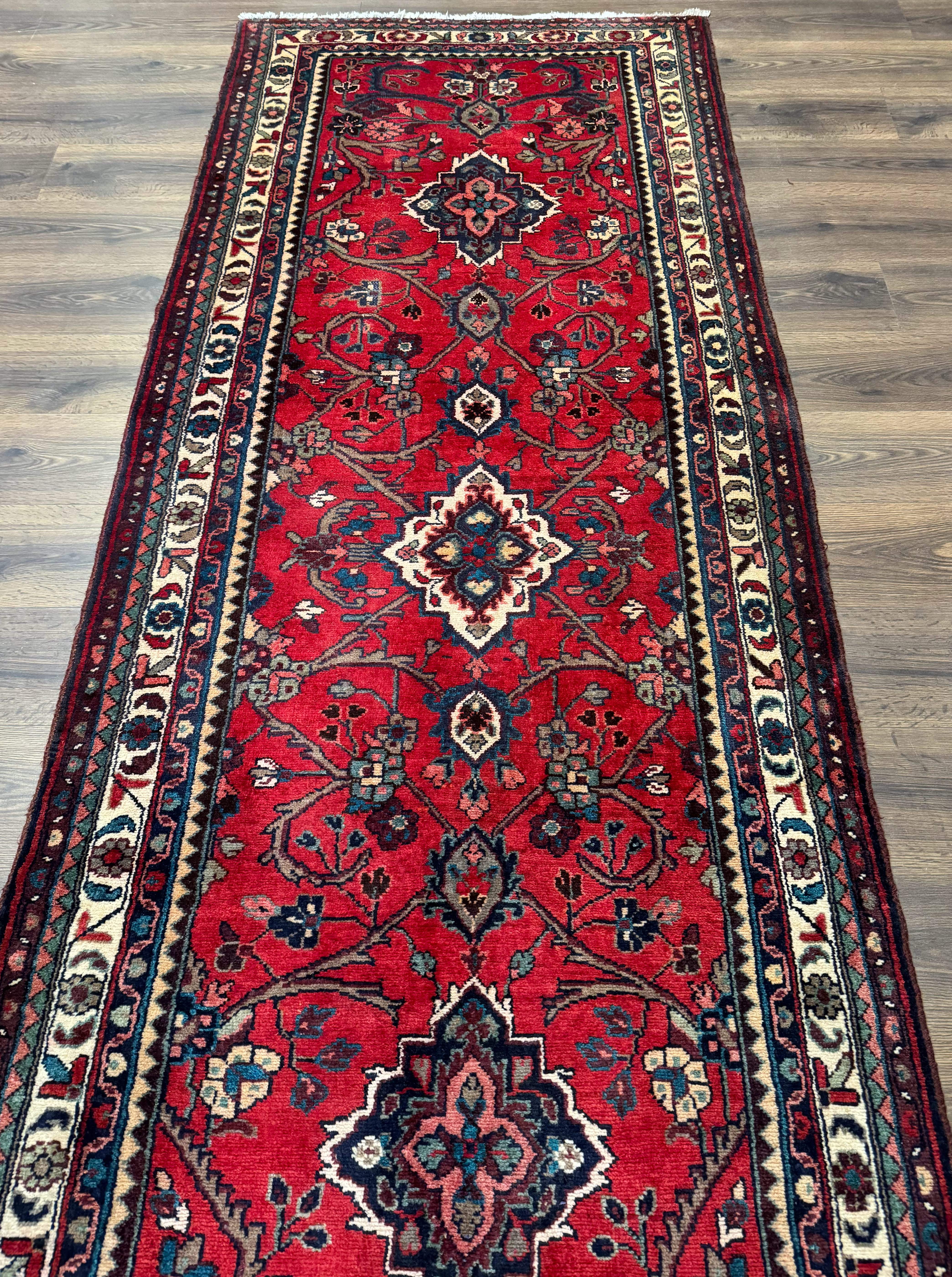 Persian Runner Rug 3.8 x 10, Red, Medallions, Hand Knotted Rug for Hallway, Hamadan Malayer - Jewel Rugs