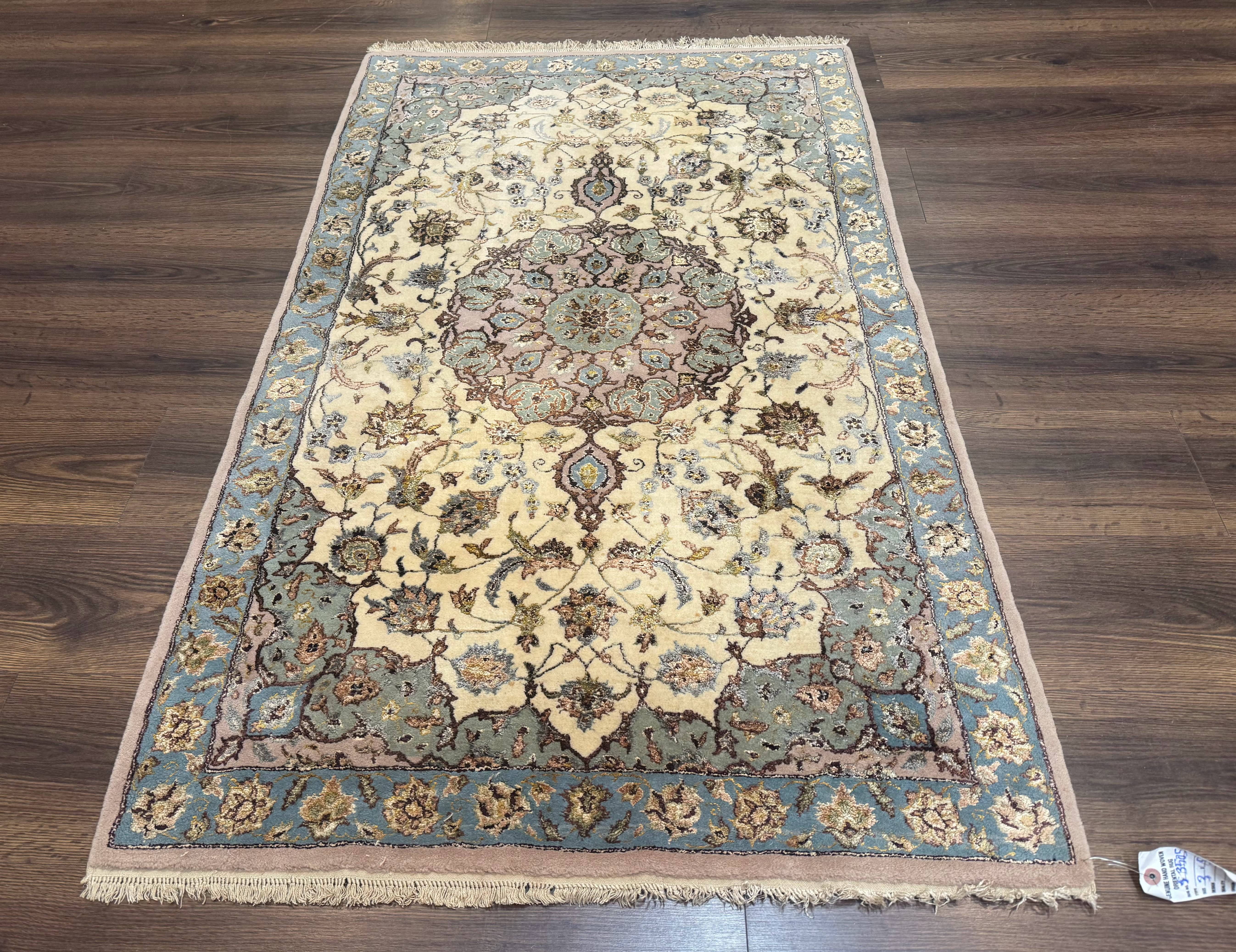 Persian Isfahan Rug 3x5, Fine 310 KPSI, Kork Wool Silk Foundation, Cream & Light Green - Jewel Rugs