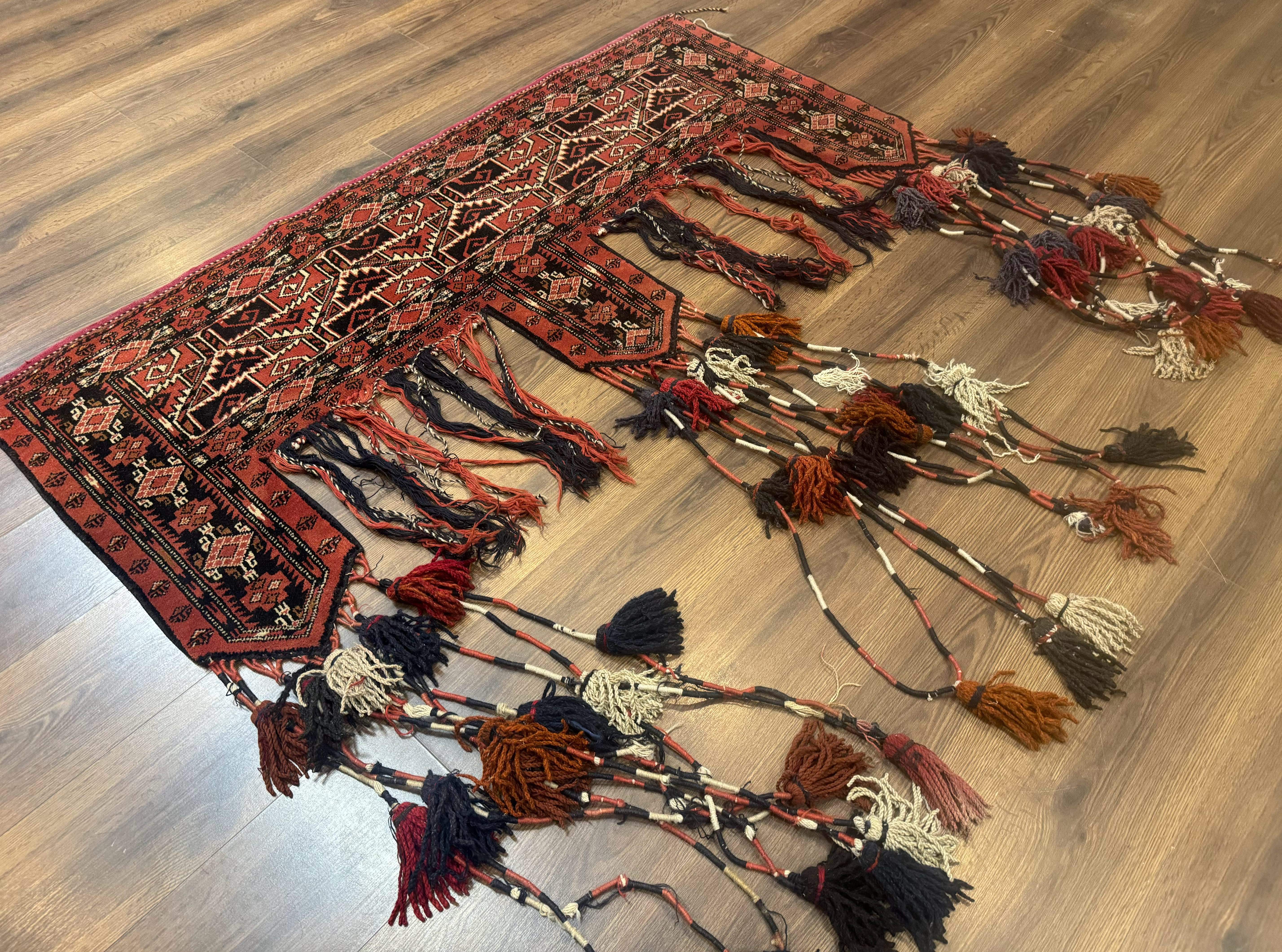 Persian Turkoman Tribal Door Hanging, Tent Header, Wool, Handmade, Red Black, Tribal Collectible - Jewel Rugs