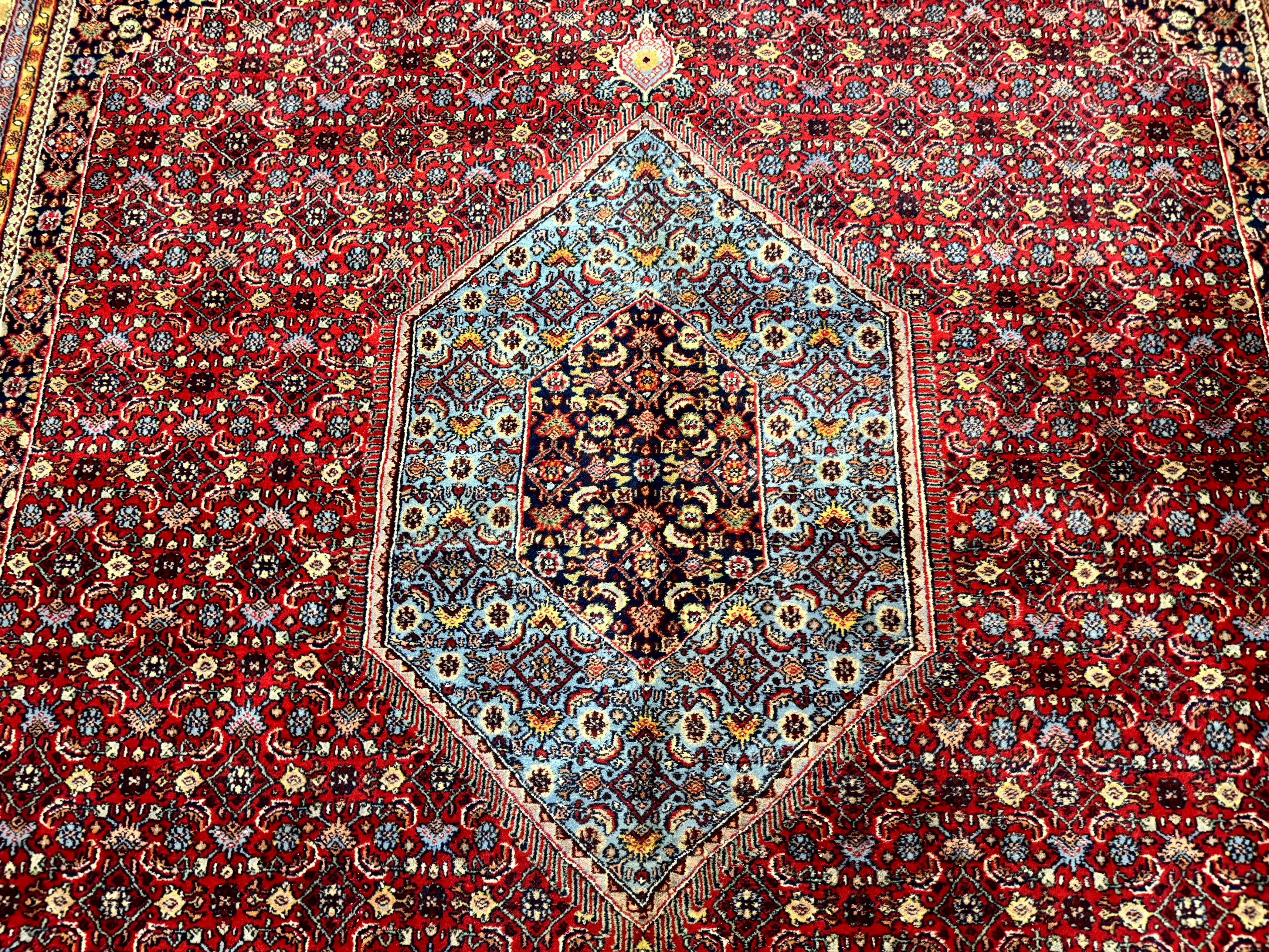 Indo Persian Bidjar Rug 10x14, Red and Dark Blue, Herati Mahi Pattern, Vintage - Jewel Rugs