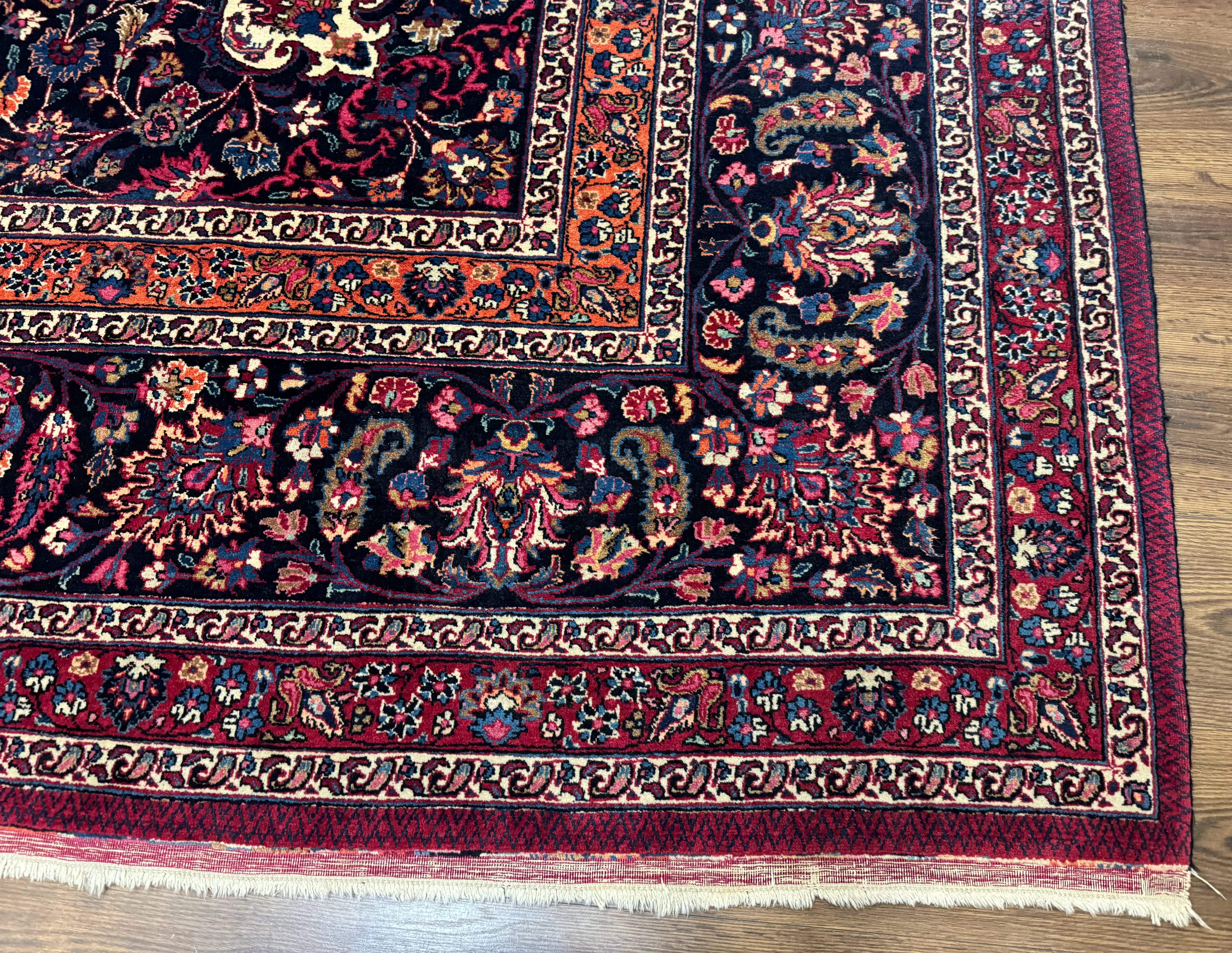 Antique Persian Mashad Rug 12x15, Palace Size Carpet, Wool Hand Knotted, Red and Navy Blue, Floral Medallion - Jewel Rugs