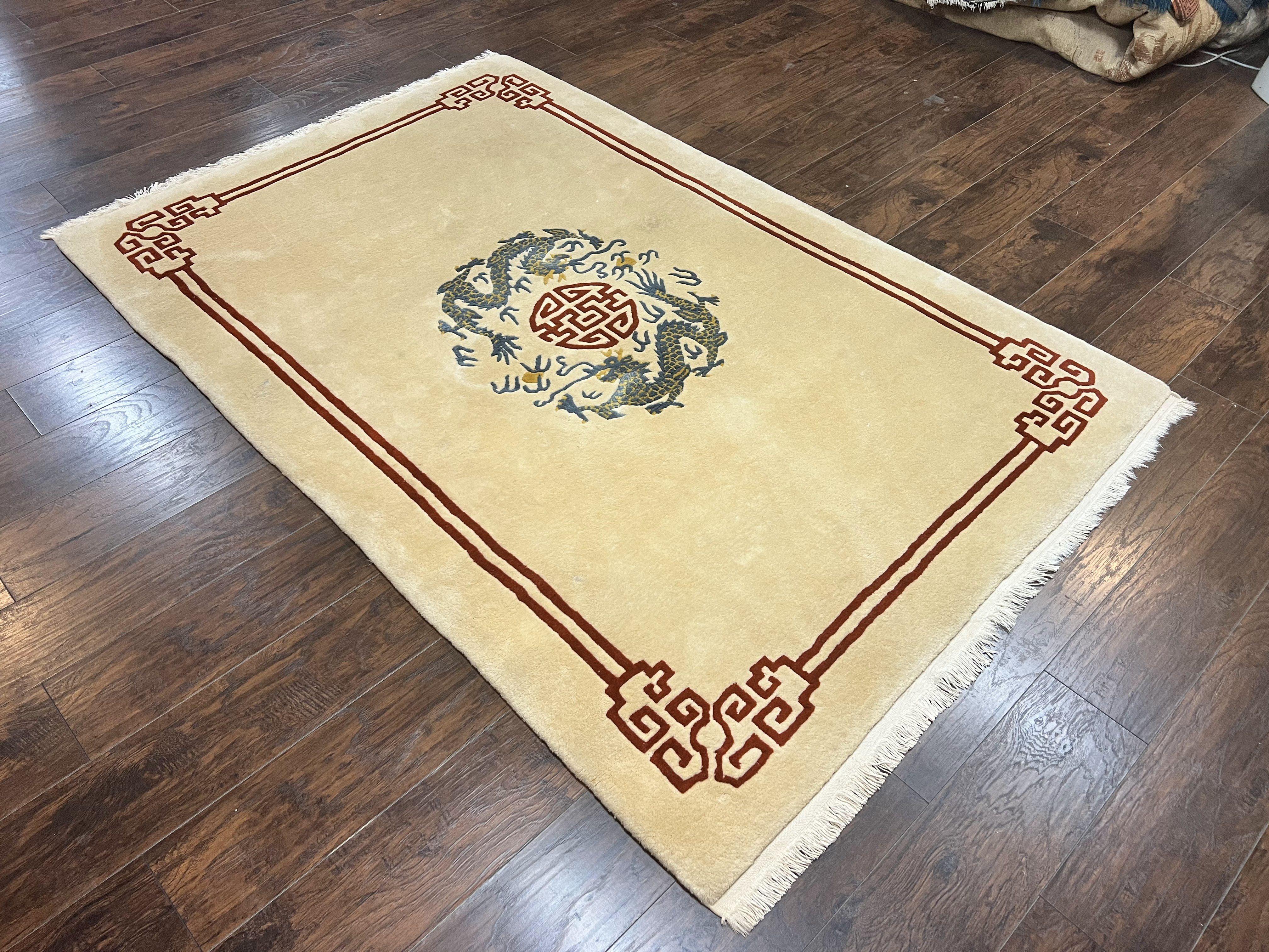 Chinese Wool Rug 5x8, Chinese Dragon Rug 5 x 8, Peking Carpet, Simple Design, Ivory, Wool Vintage Handmade Asian Art Deco Oriental Rug - Jewel Rugs