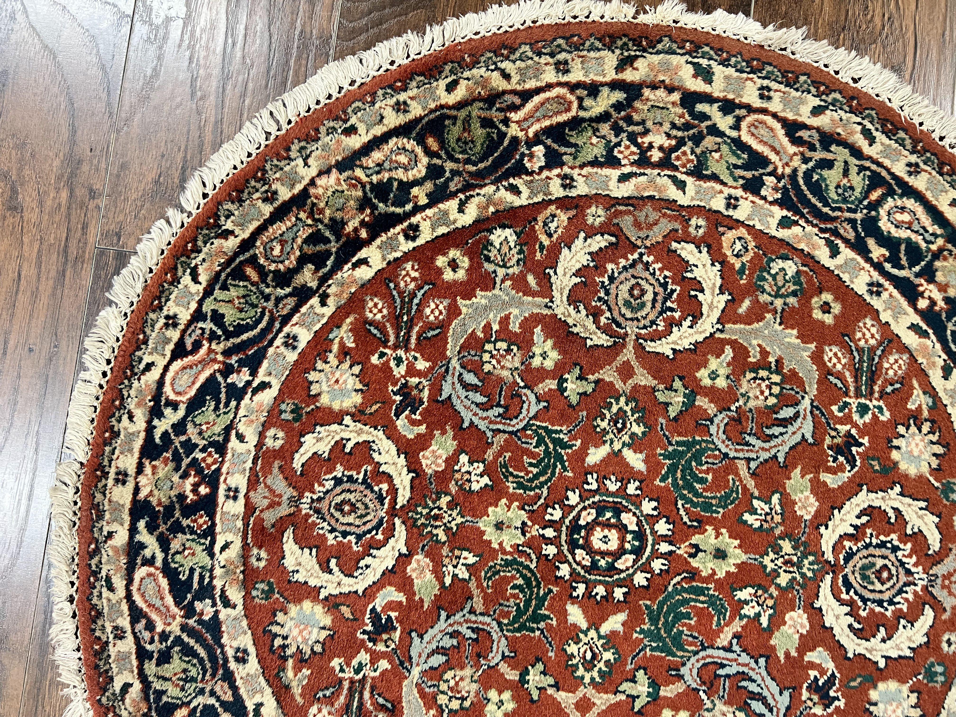 Round Rug 3x3, Indo Persian Oriental Carpet 3ft Round, Small Round Rug, Red Floral Allover Wool Hand Knotted Vintage Traditional Rug - Jewel Rugs