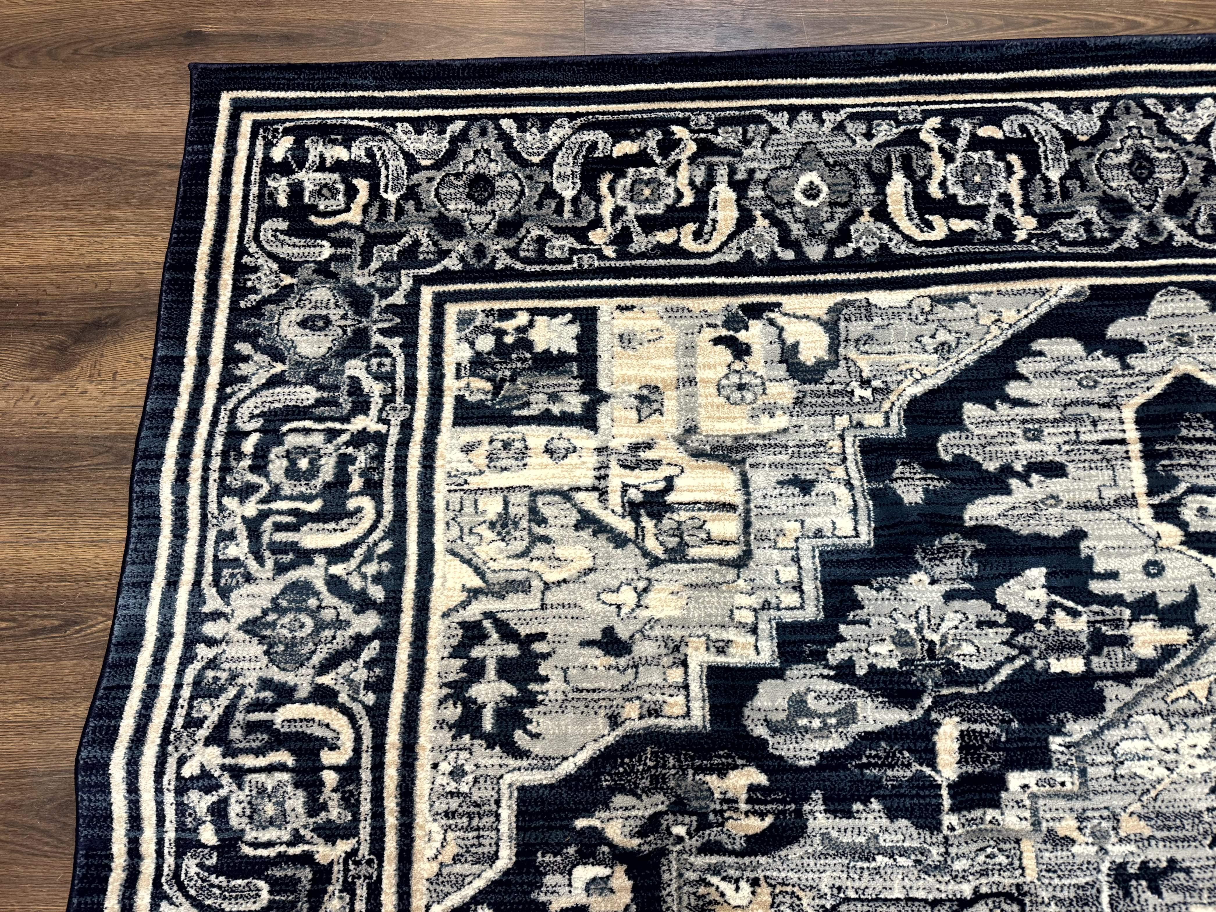 Heriz Pattern Rug 8x10, Modern Heriz Carpet, Geometric Area Rug, Oat and Navy Blue - Jewel Rugs